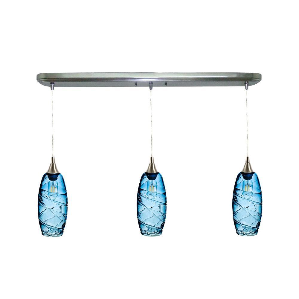 Bicycle Glass Co 147 Spun: 3 Pendant Linear Chandelier, Steel Blue Glass, Brushed Nickel Hardware