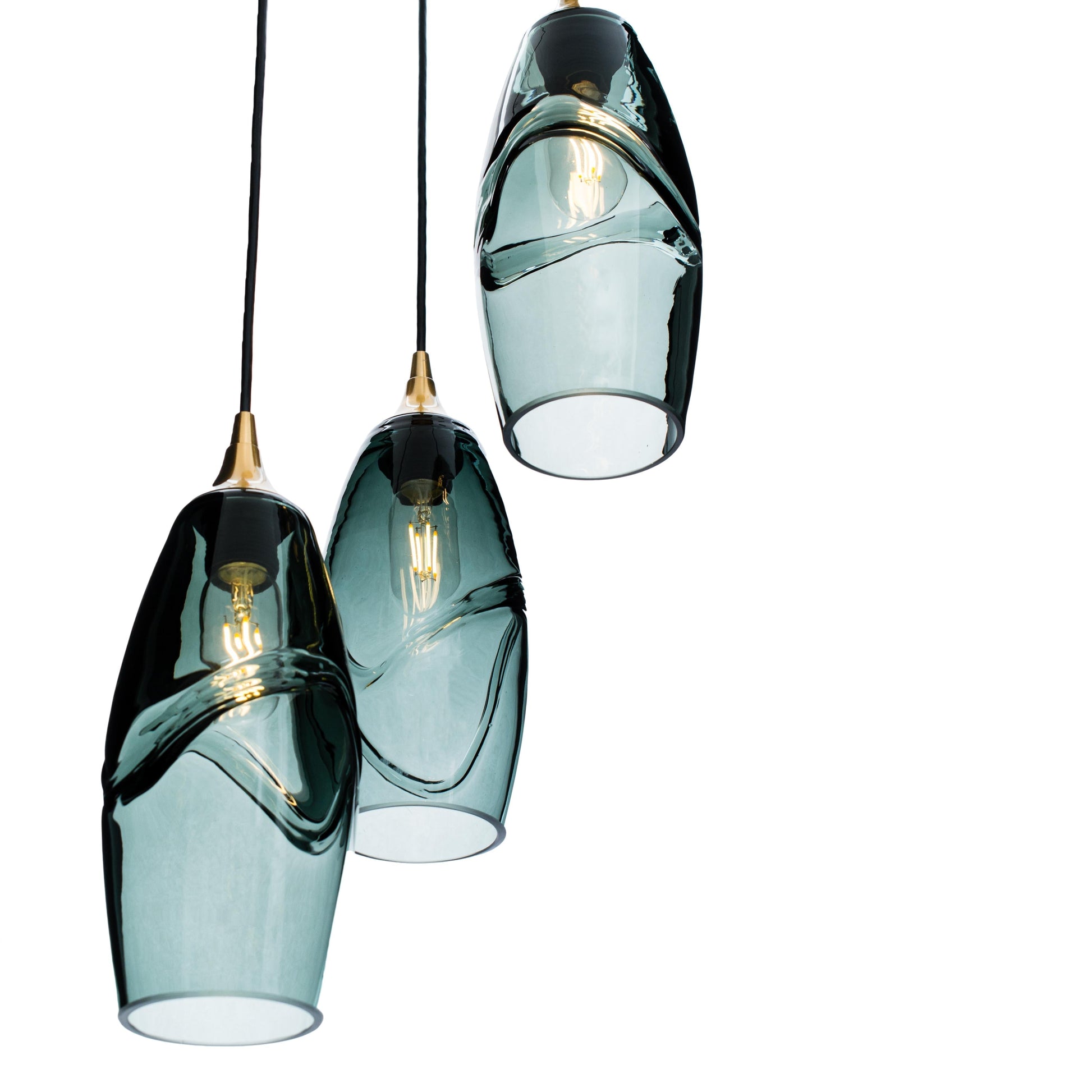 Bicycle Glass Co 147 Swell: 3 Pendant Cascade Chandelier, Slate Gray Glass, Polished Brass Hardware, Close Up Detail