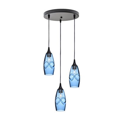147 Swell: 3 Pendant Cascade Chandelier-Glass-Bicycle Glass Co - Hotshop-Steel Blue-Matte Black-Bicycle Glass Co