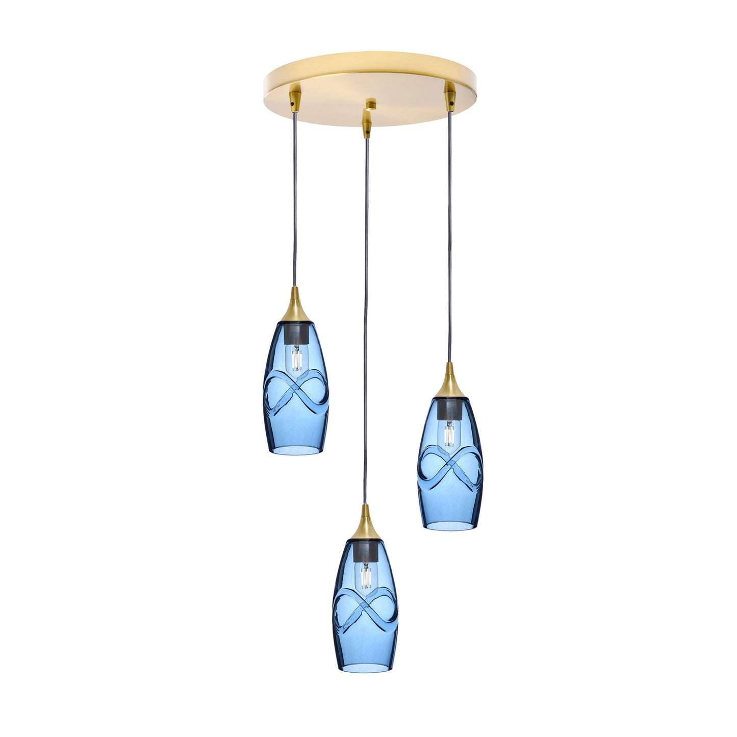 147 Swell: 3 Pendant Cascade Chandelier-Glass-Bicycle Glass Co - Hotshop-Steel Blue-Polished Brass-Bicycle Glass Co