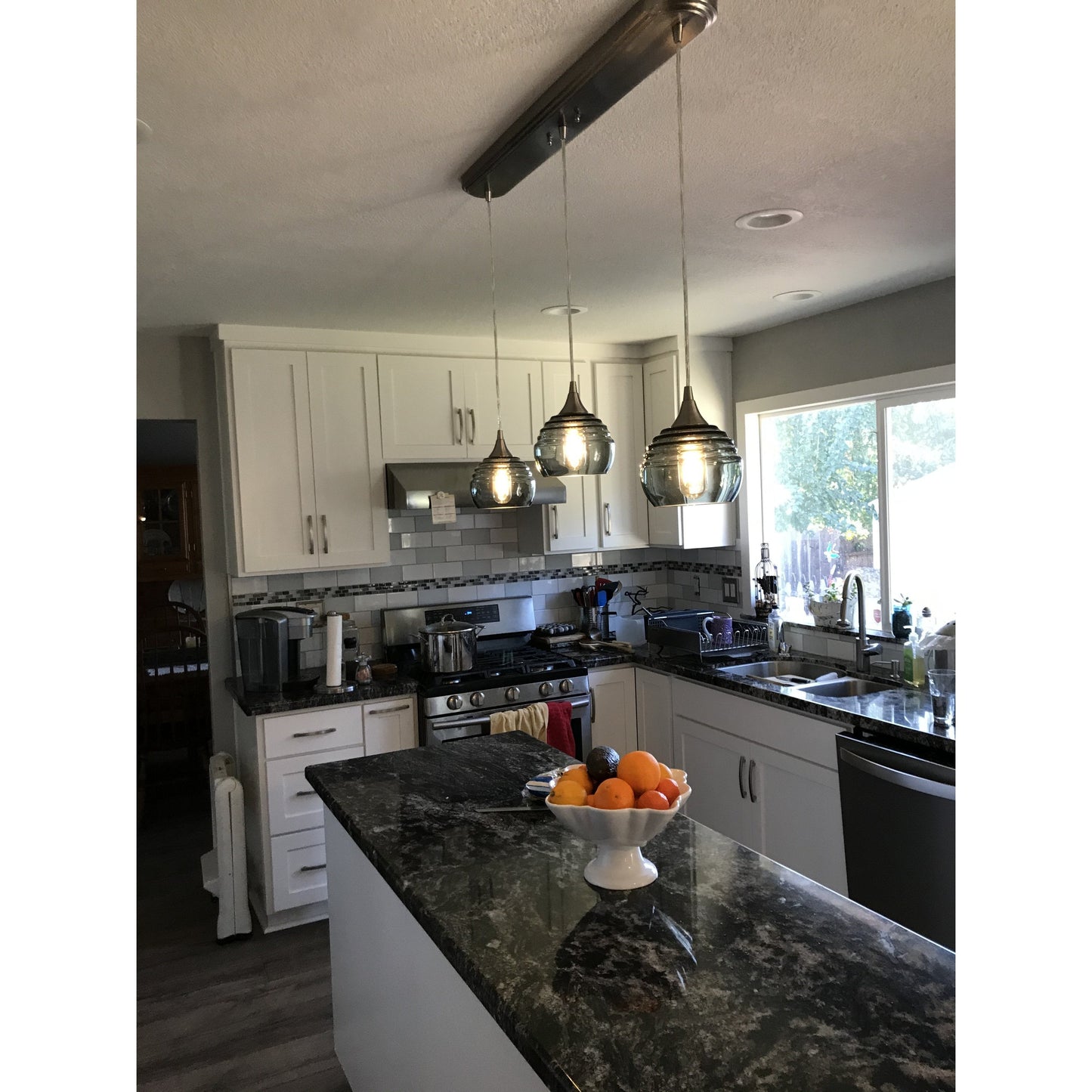 301 Lucent: 3 Pendant Linear Chandelier-Mini Linear Chandelier-Bicycle Glass Co-Steel Blue-Bicycle Glass Co
