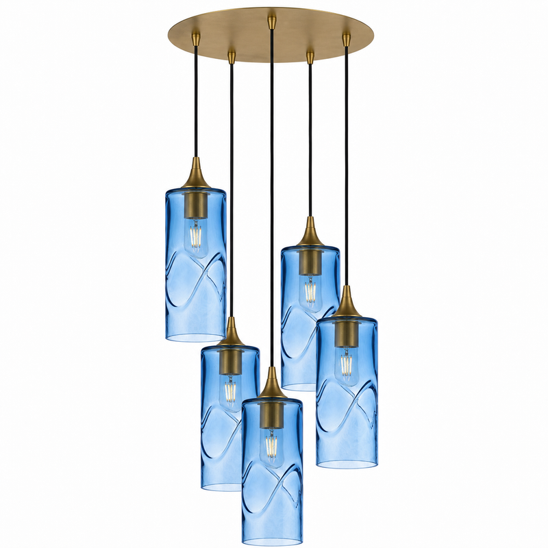 515 5 Pendant Cascade Chandelier — Swell / Steel Blue / Polished Brass - 8ft Cord