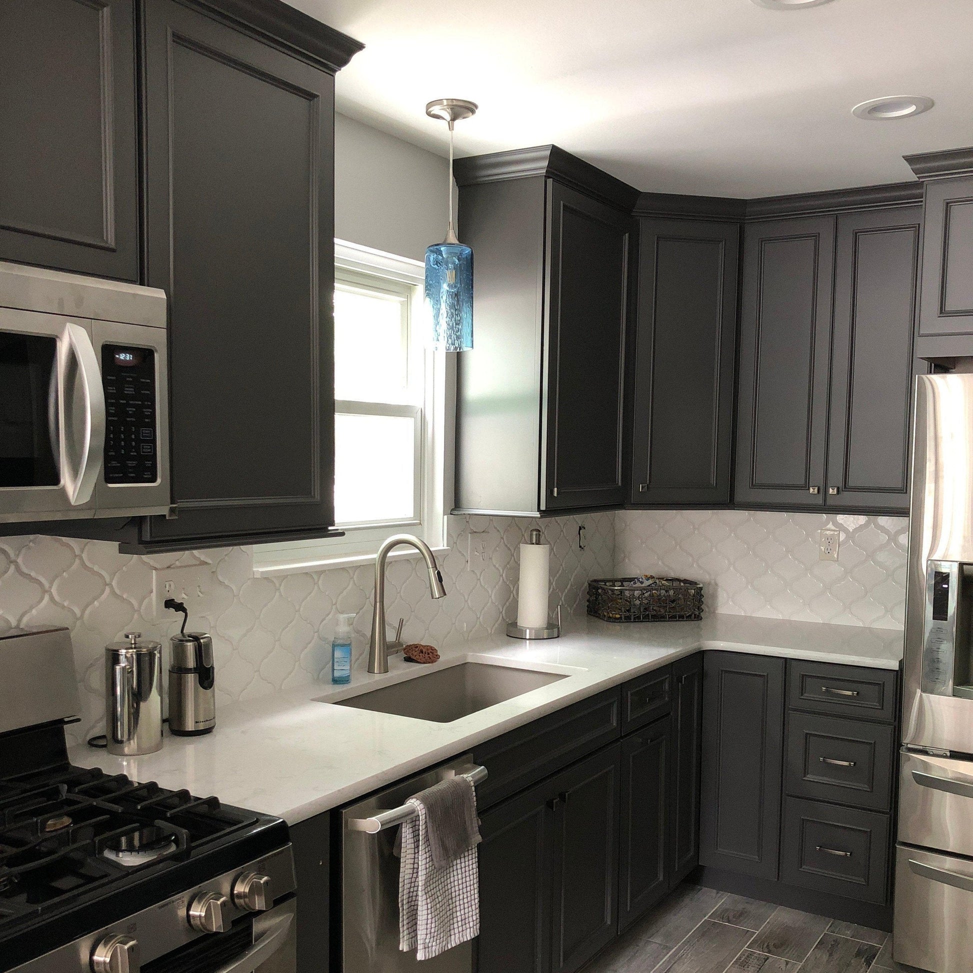 1-515-LUN-STB-STD-1SGL-BLK-Lunar Single Pendant Light: Form No. 515-Pendant Lights-Bicycle Glass Co-Steel Blue-Black-Bicycle Glass Co