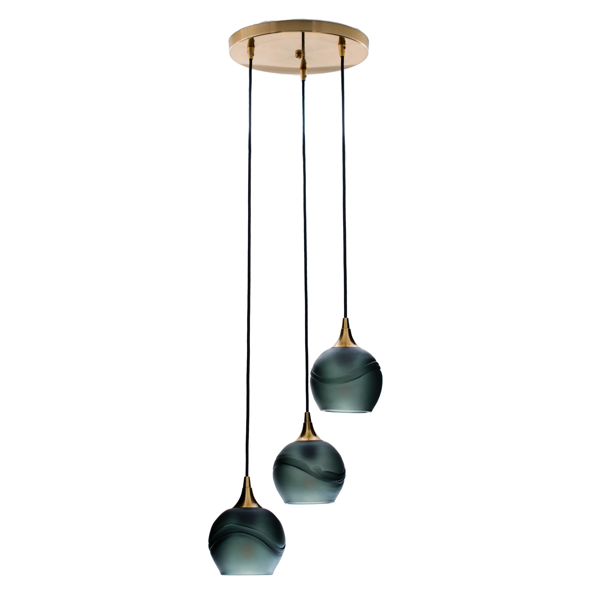 Bicycle Glass Co 763 Glacial: 3 Pendant Cascade Chandelier, Slate Gray Glass, Polished Brass Hardware, Light Bulbs Off