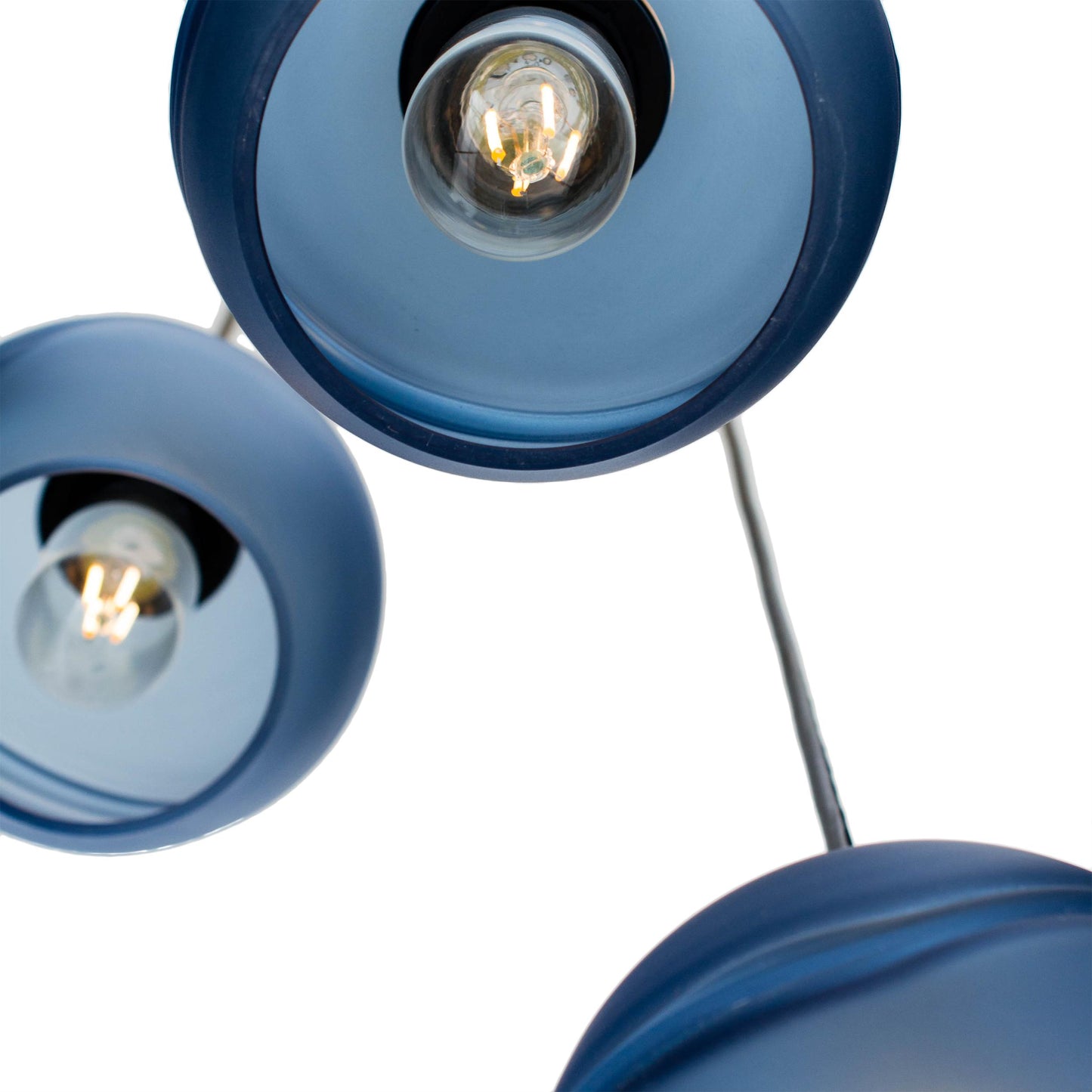 Bicycle Glass Co 763 Glacial: 3 Pendant Cascade Chandelier, Steel Blue Glass, Brushed Nickel Hardware, Detail Shot, Light Bulbs On