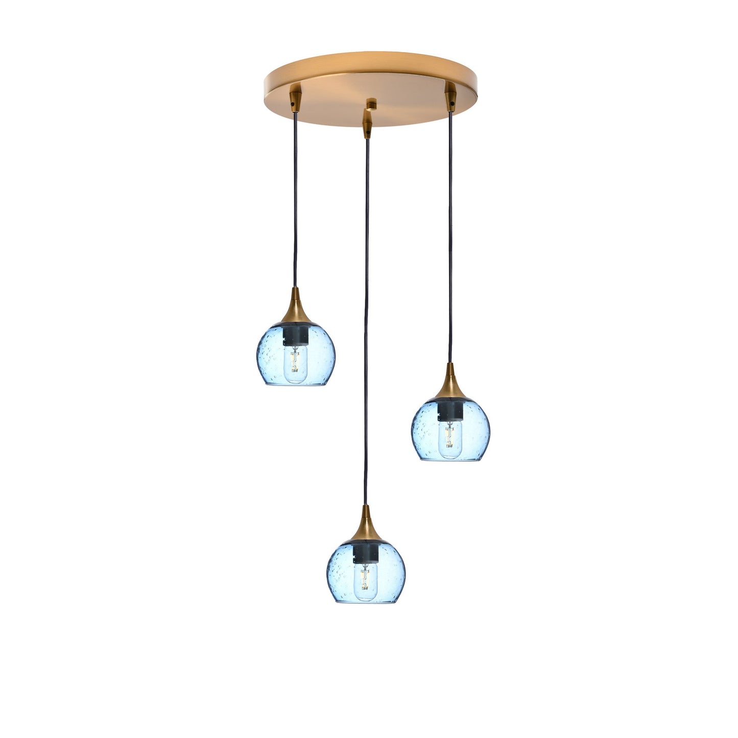763 Lunar: 3 Pendant Cascade Chandelier-Glass-Bicycle Glass Co - Hotshop-Steel Blue-Polished Brass-Bicycle Glass Co
