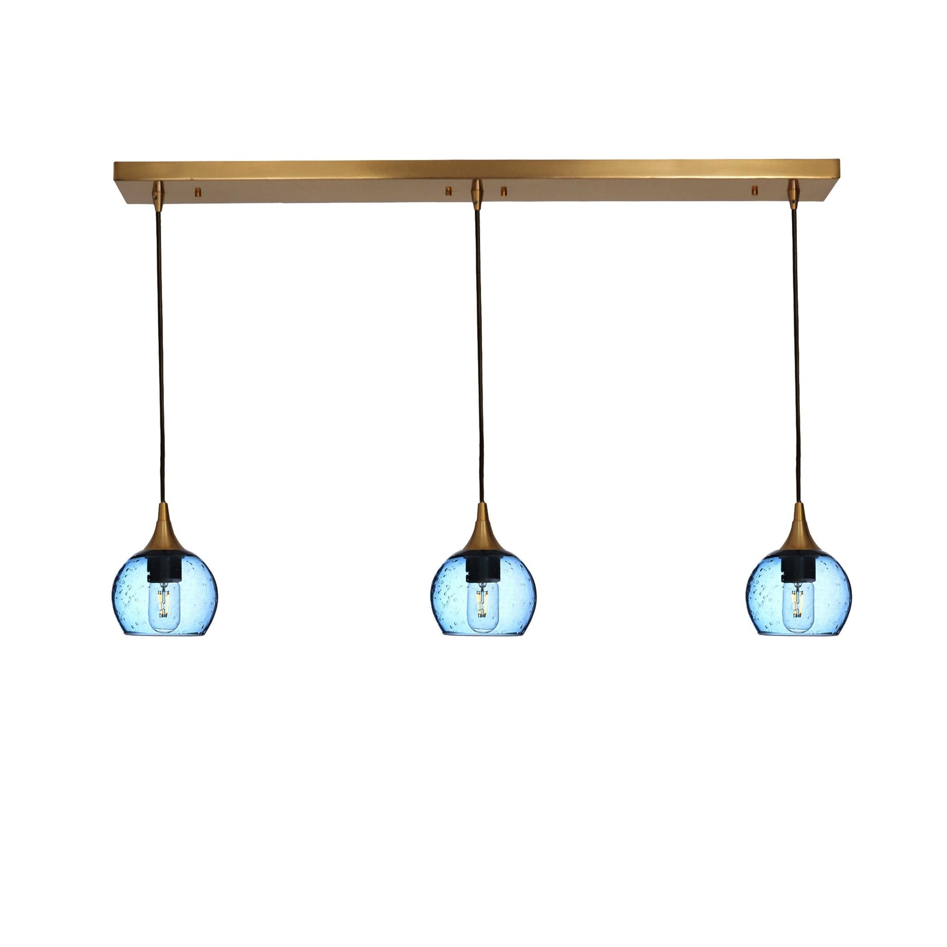 763 Lunar: 3 Pendant Linear Chandelier-Glass-Bicycle Glass Co - Hotshop-Steel Blue-Polished Brass-Bicycle Glass Co