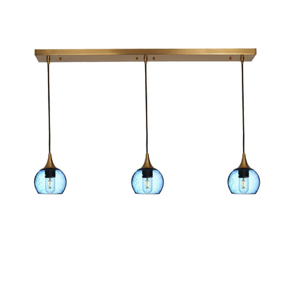 763 Lunar: 3 Pendant Linear Chandelier-Glass-Bicycle Glass Co - Hotshop-Steel Blue-Polished Brass-Bicycle Glass Co