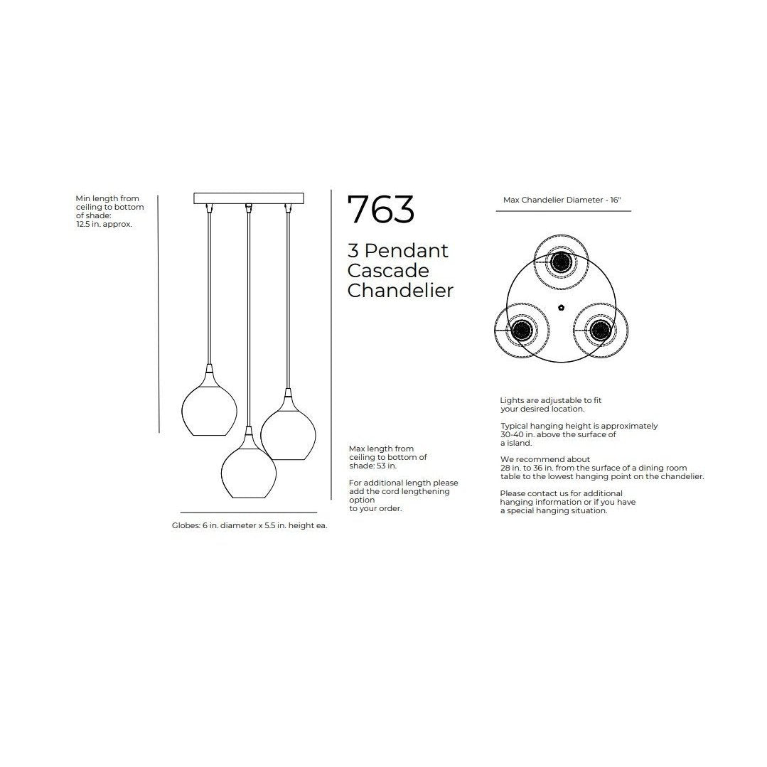 Maximum Hanging Height with standard 4 feet cords, 53 inches from ceiling to bottom of shade. 48 inches of cord per port. Minimum Hanging Height with standard 4ft cords, 3 inches minimum height for cord. 12 inch diameter canopy plate. Shade is 6 inches in diameter by 5 inches tall. Cord length comes standard at 4 feet of cord per port and can be cut to length during installation.