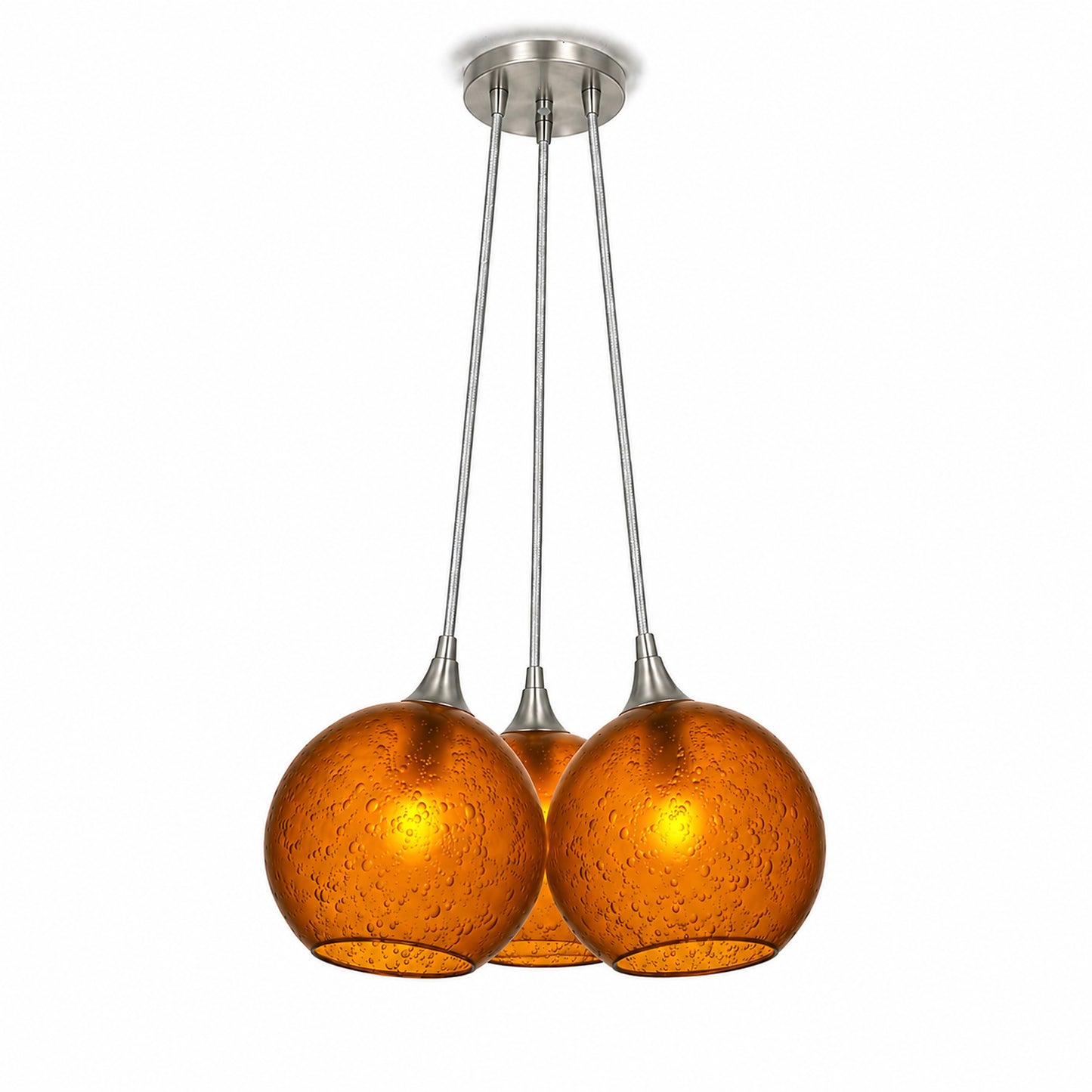 767 3 Cluster Chandelier-Glass-Bicycle Glass Co - Hotshop-Brushed Nickel - 4ft Cord-Celestial-Golden Amber-Bicycle Glass Co