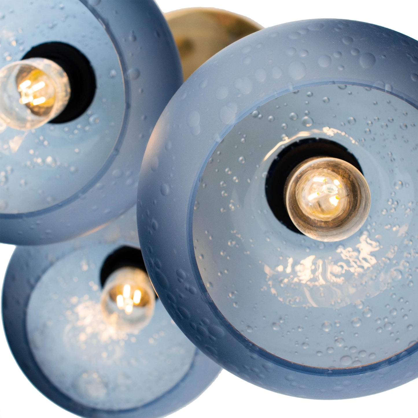 Bicycle Glass Co 767 Celestial: 3 Pendant Cascade Chandelier, Steel Blue Glass, Polished Brass Hardware, Close Up Detail Shot