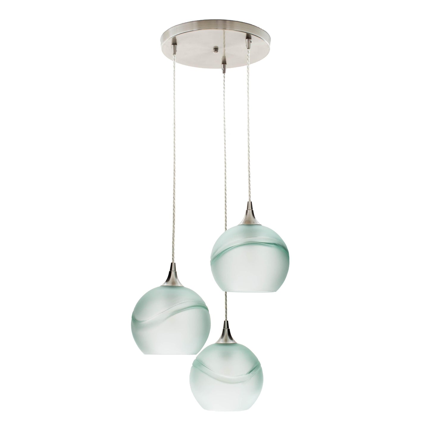 Bicycle Glass Co 767 Glacial: 3 Pendant Cascade Chandelier, Eco Clear Glass, Brushed Nickel Hardware, Light Bulbs Off