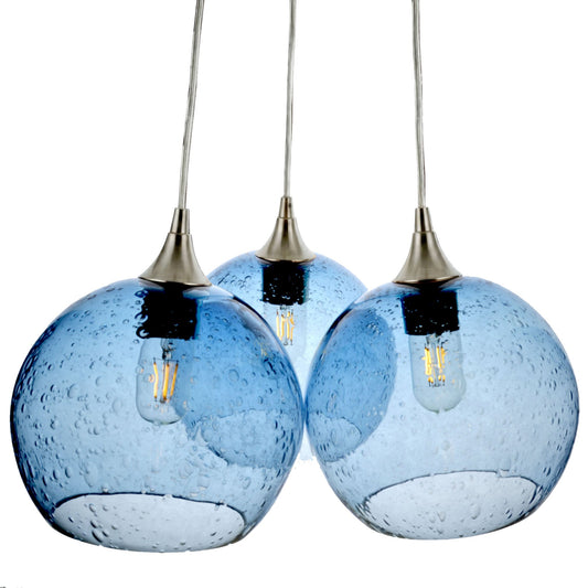 768 3-Cluster Chandelier-Glass-Bicycle Glass Co - Hotshop-Lunar-Steel Blue-Brushed Nickel - 4ft Cord-Bicycle Glass Co