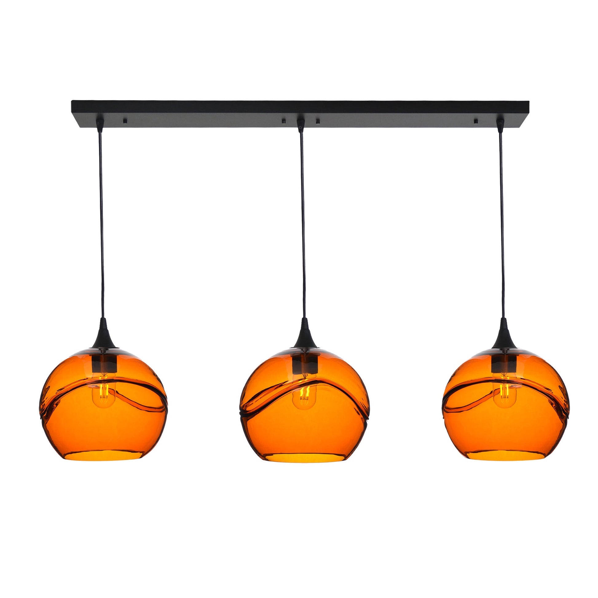 768 Swell: 3 Pendant Linear Chandelier-Glass-Bicycle Glass Co - Hotshop-Golden Amber-Matte Black-Bicycle Glass Co