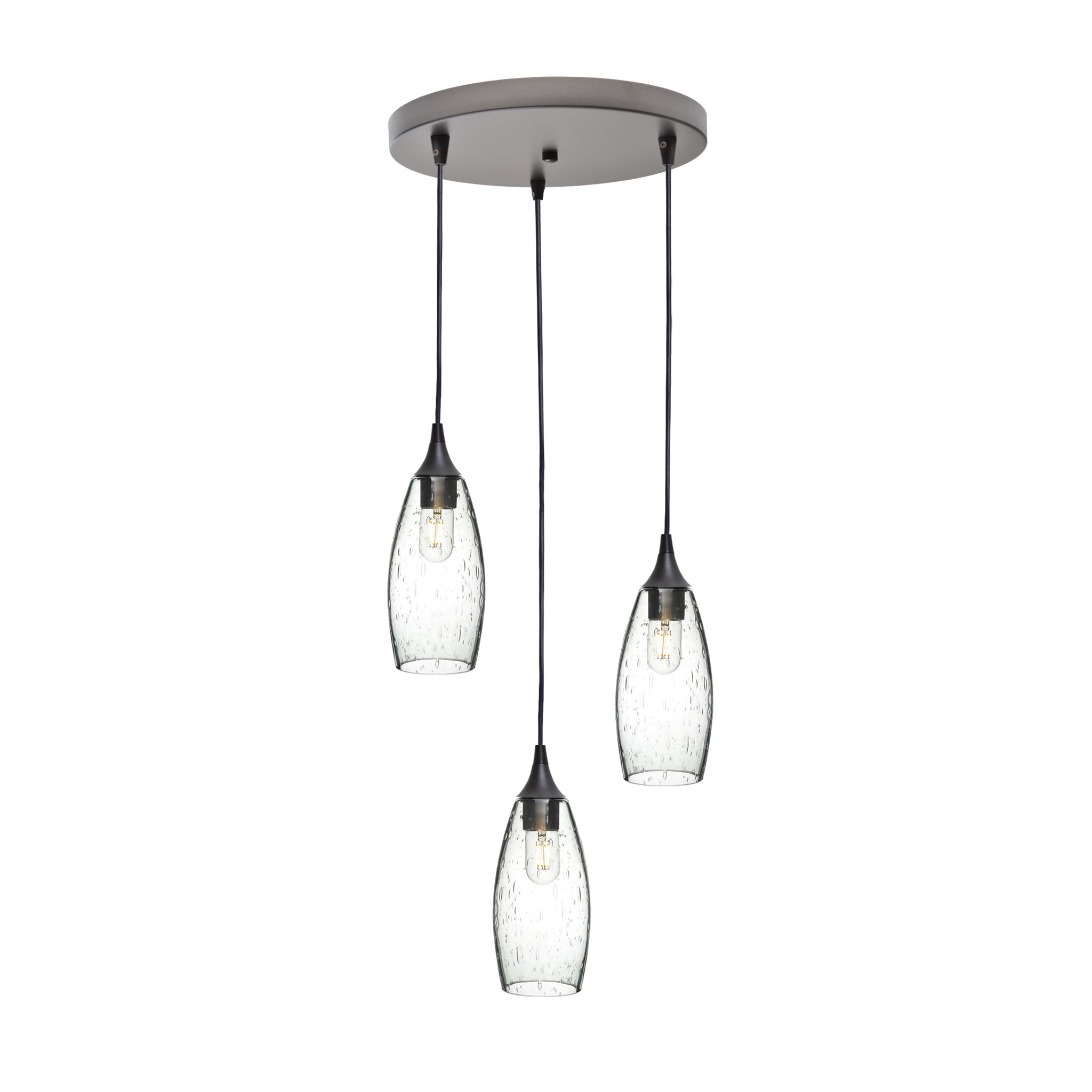 147 3 Pendant Cascade Chandelier-Glass-Bicycle Glass Co-Lunar-Eco Clear-Antique Bronze - 4ft Cord-Bicycle Glass Co