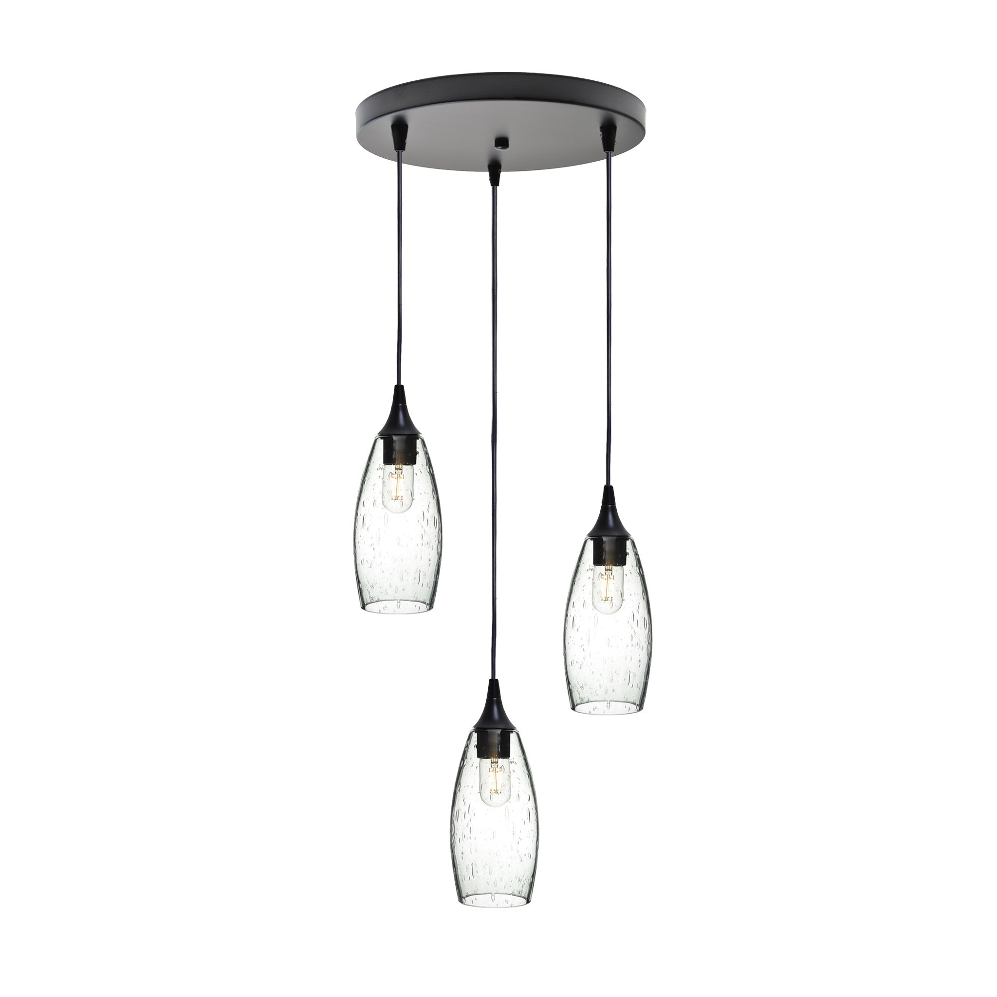 147 3 Pendant Cascade Chandelier-Glass-Bicycle Glass Co-Lunar-Eco Clear-Matte Black - 4ft Cord-Bicycle Glass Co