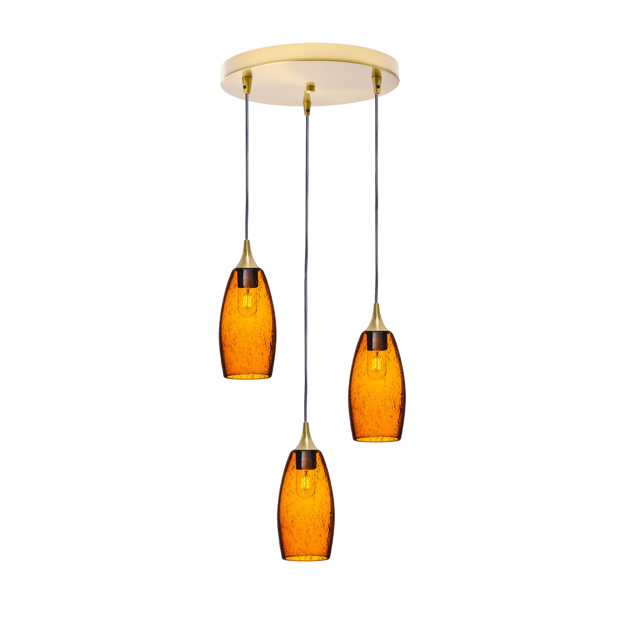 147 3 Pendant Cascade Chandelier-Glass-Bicycle Glass Co-Lunar-Golden Amber-Polished Brass - 4ft Cord-Bicycle Glass Co