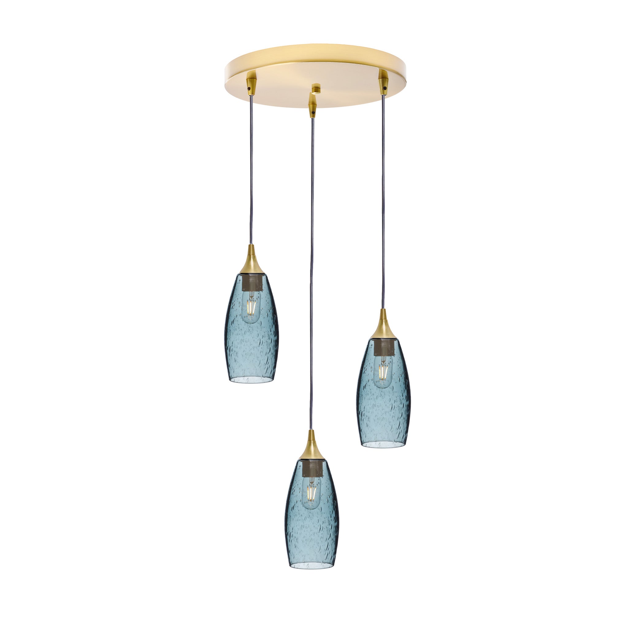 147 3 Pendant Cascade Chandelier-Glass-Bicycle Glass Co-Lunar-Slate Gray-Polished Brass - 4ft Cord-Bicycle Glass Co