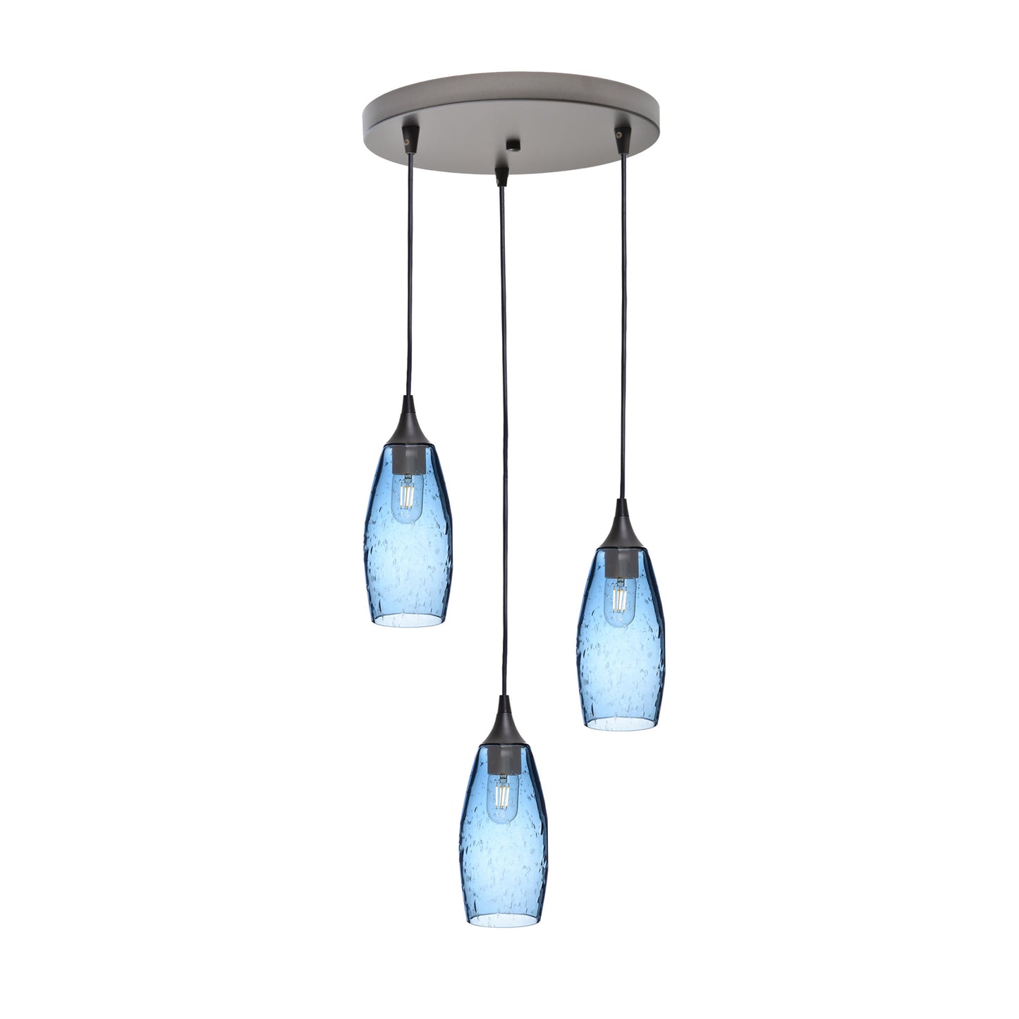 147 3 Pendant Cascade Chandelier-Glass-Bicycle Glass Co-Lunar-Steel Blue-Antique Bronze - 4ft Cord-Bicycle Glass Co