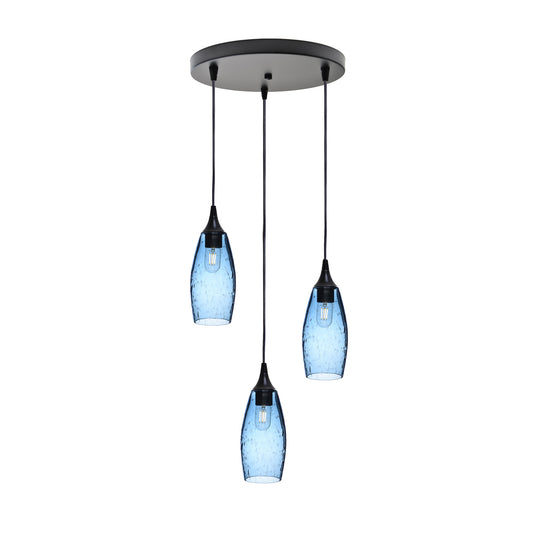 147 3 Pendant Cascade Chandelier-Glass-Bicycle Glass Co-Lunar-Steel Blue-Matte Black - 4ft Cord-Bicycle Glass Co
