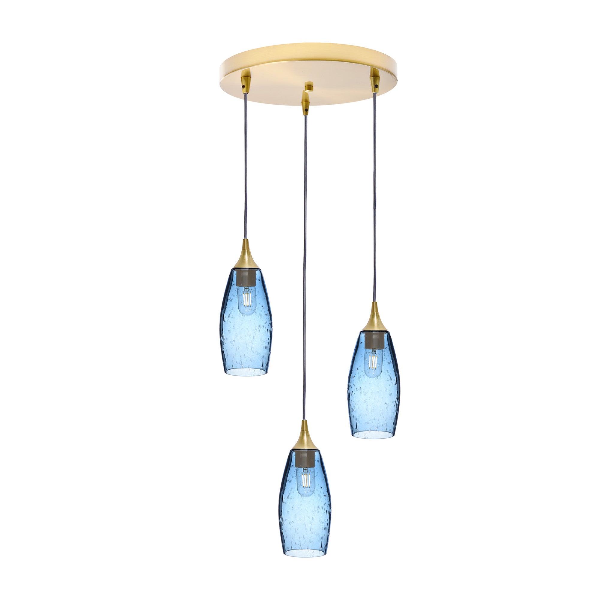 147 3 Pendant Cascade Chandelier-Glass-Bicycle Glass Co-Lunar-Steel Blue-Polished Brass - 4ft Cord-Bicycle Glass Co