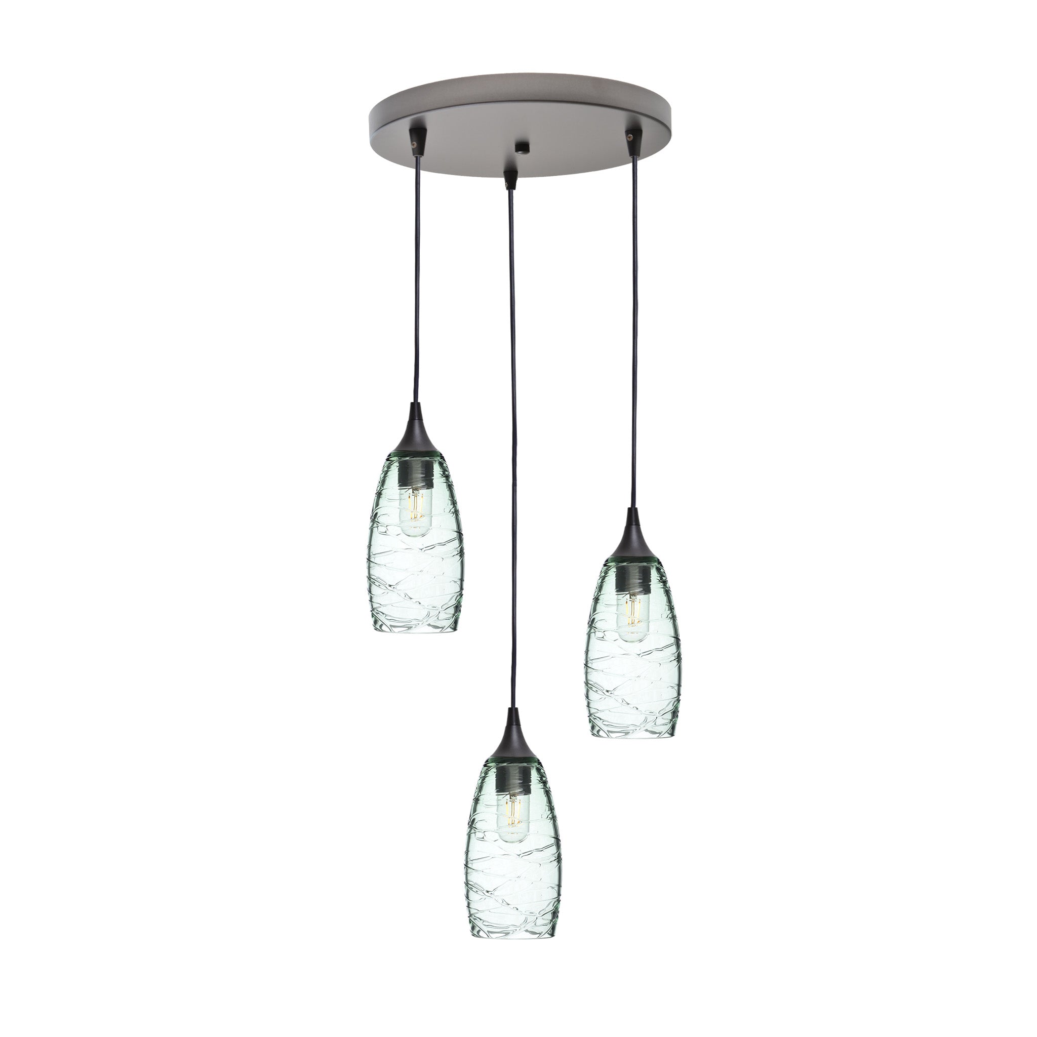 147 3 Pendant Cascade Chandelier-Glass-Bicycle Glass Co-Spun-Eco Clear-Antique Bronze - 4ft Cord-Bicycle Glass Co