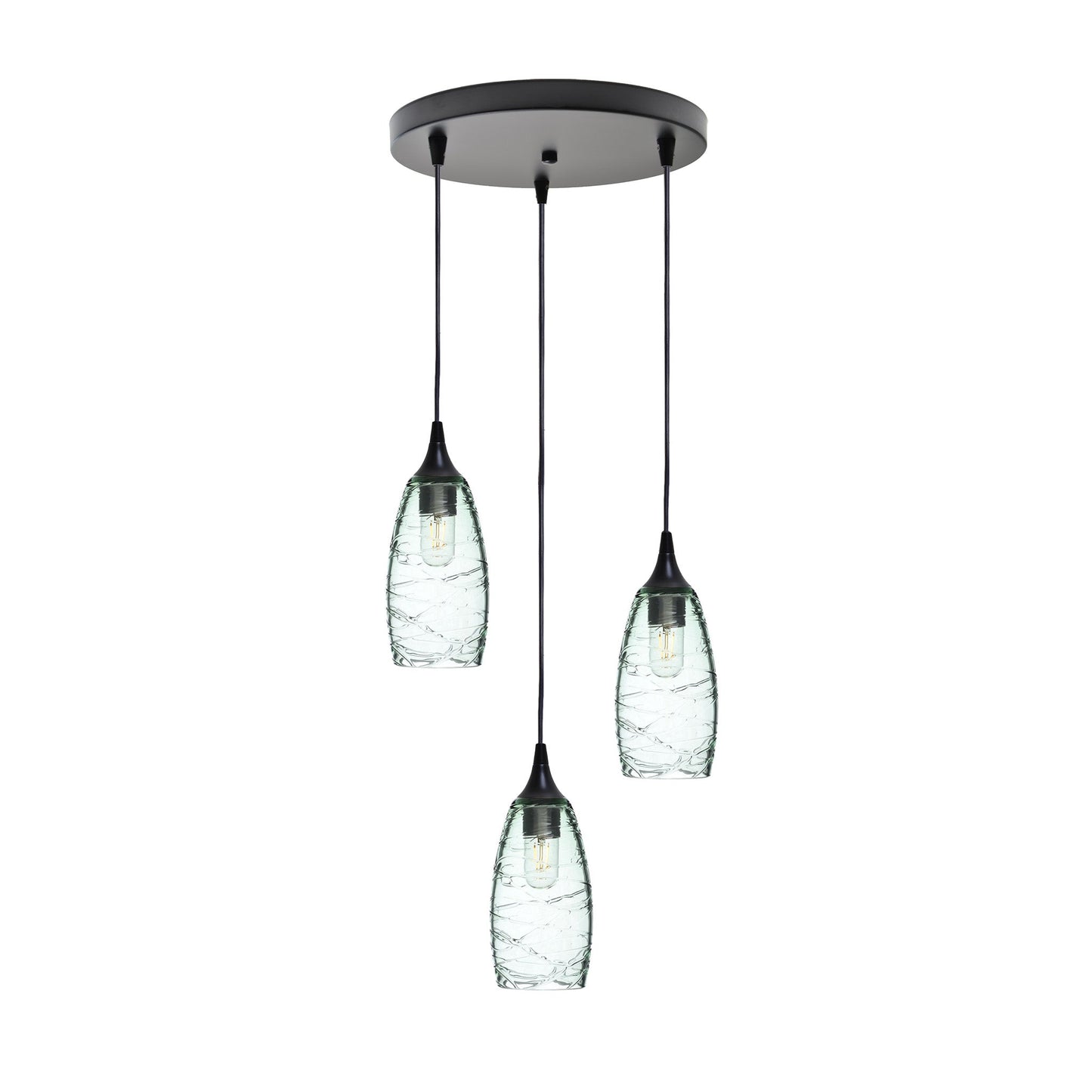 147 3 Pendant Cascade Chandelier-Glass-Bicycle Glass Co-Spun-Eco Clear-Matte Black - 4ft Cord-Bicycle Glass Co