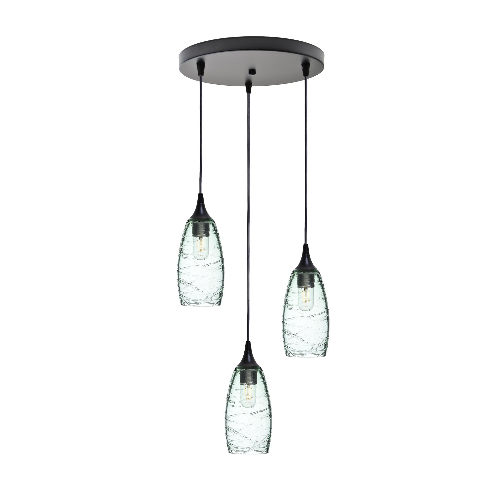 147 3 Pendant Cascade Chandelier-Glass-Bicycle Glass Co-Spun-Eco Clear-Matte Black - 4ft Cord-Bicycle Glass Co