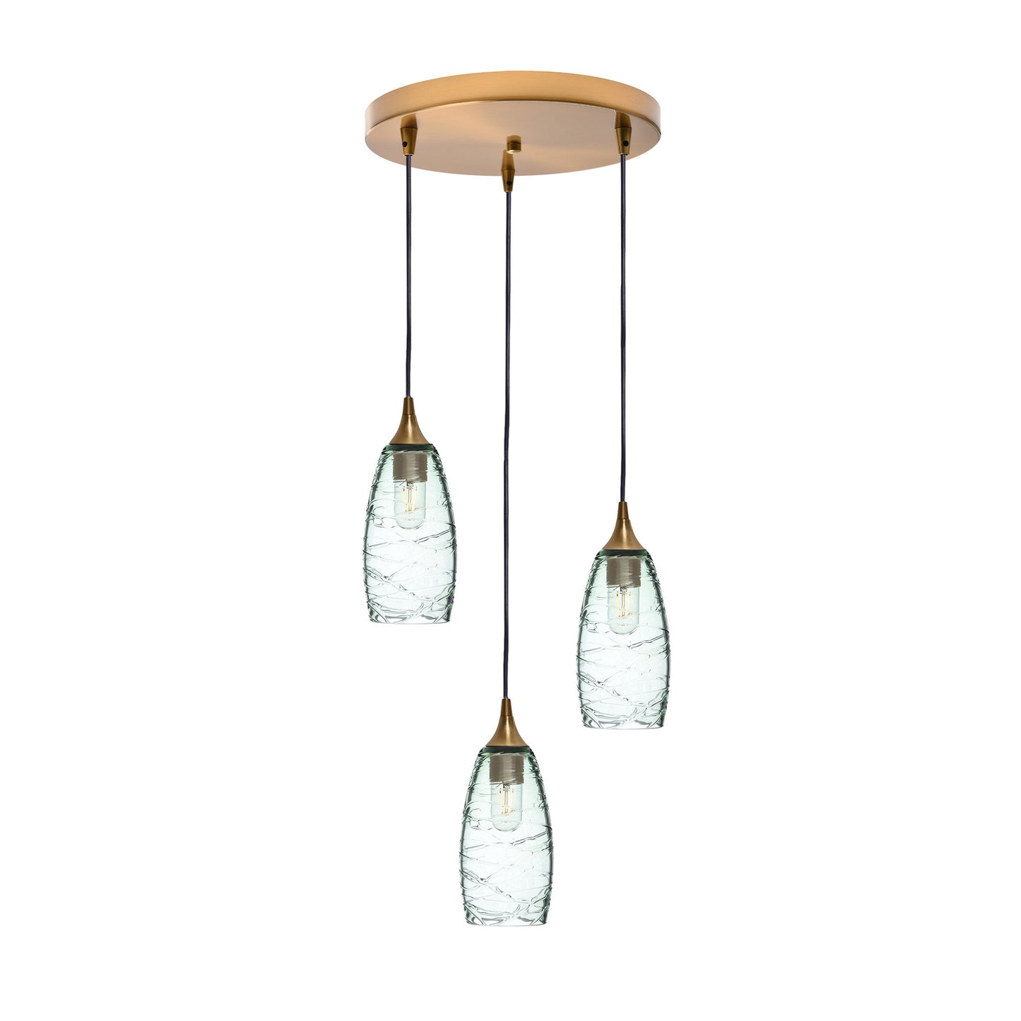 147 3 Pendant Cascade Chandelier-Glass-Bicycle Glass Co-Spun-Eco Clear-Polished Brass - 4ft Cord-Bicycle Glass Co