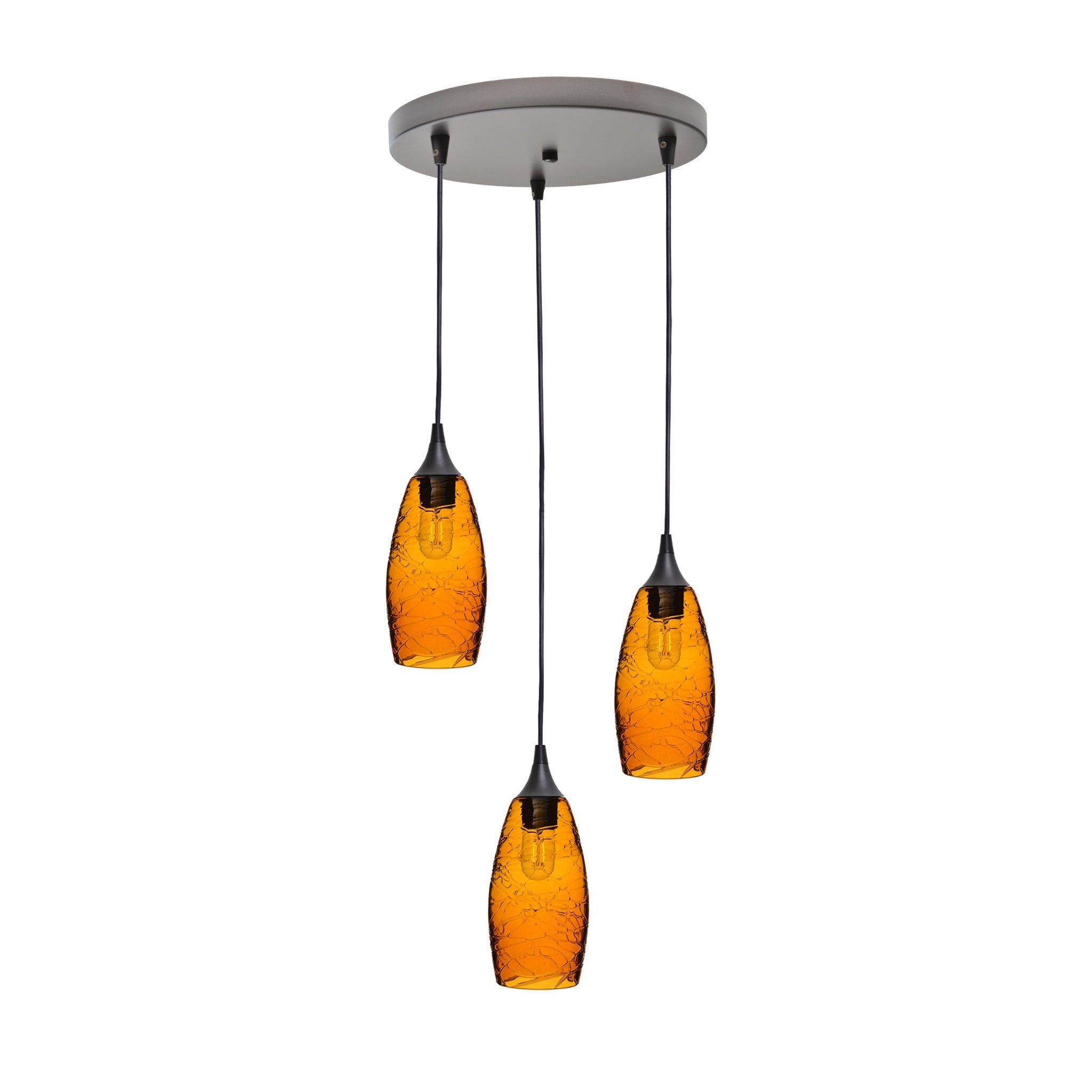 147 3 Pendant Cascade Chandelier-Glass-Bicycle Glass Co-Spun-Golden Amber-Antique Bronze - 4ft Cord-Bicycle Glass Co