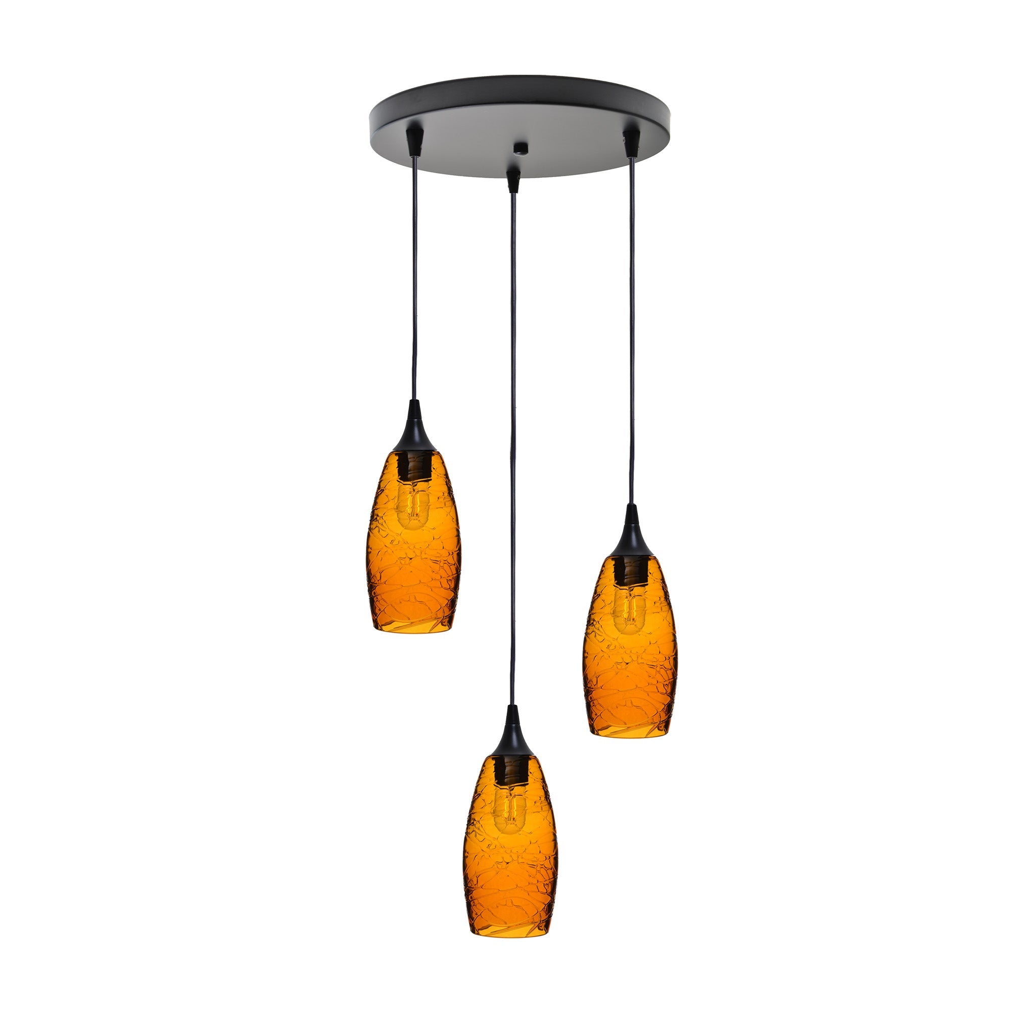 147 3 Pendant Cascade Chandelier-Glass-Bicycle Glass Co-Spun-Golden Amber-Matte Black - 4ft Cord-Bicycle Glass Co