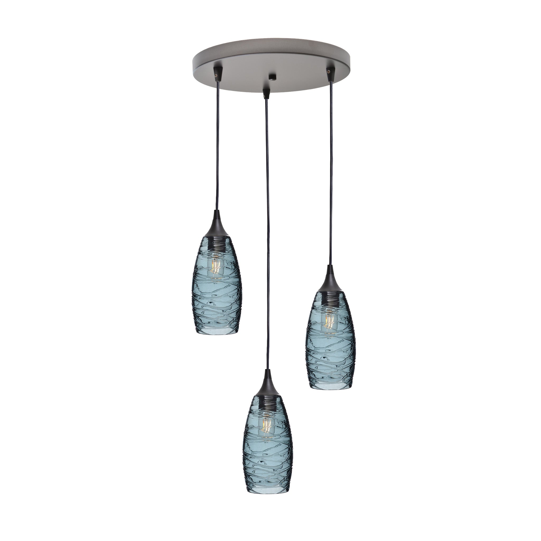147 3 Pendant Cascade Chandelier-Glass-Bicycle Glass Co-Spun-Slate Gray-Antique Bronze - 4ft Cord-Bicycle Glass Co