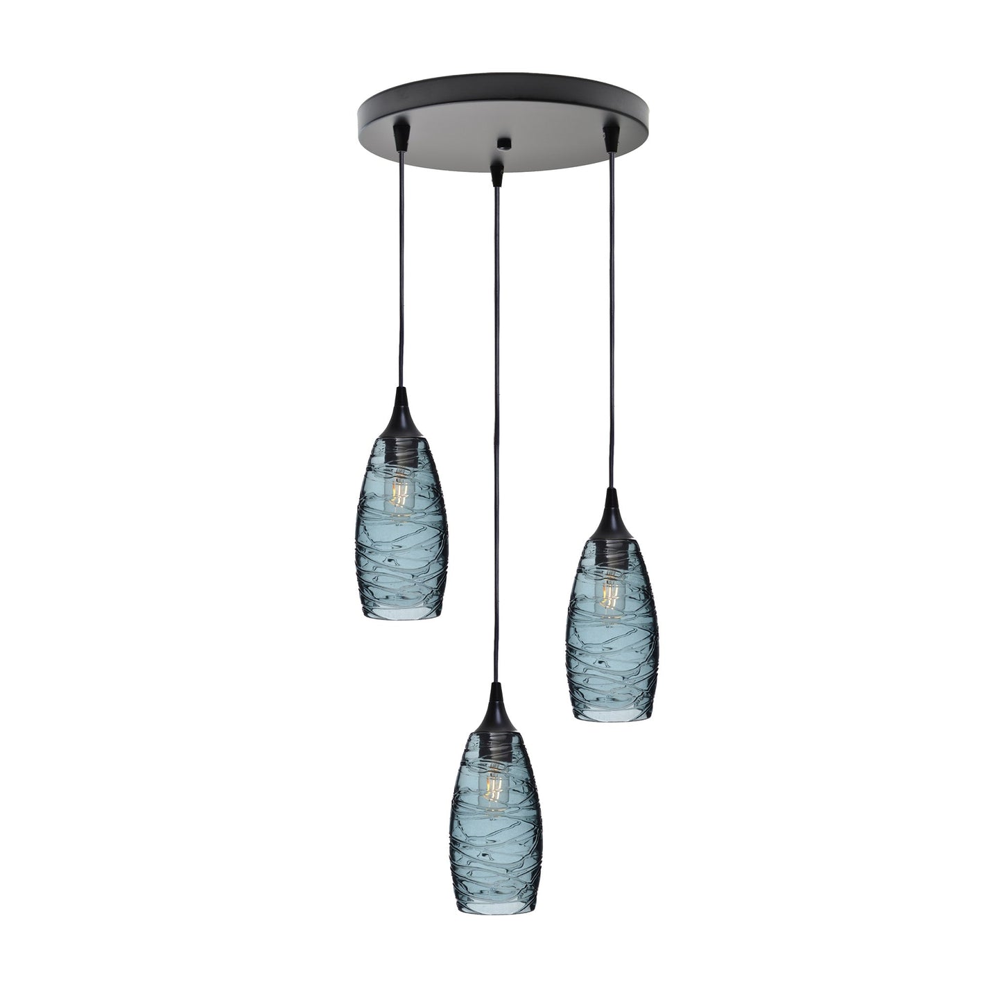 147 3 Pendant Cascade Chandelier-Glass-Bicycle Glass Co-Spun-Slate Gray-Matte Black - 4ft Cord-Bicycle Glass Co