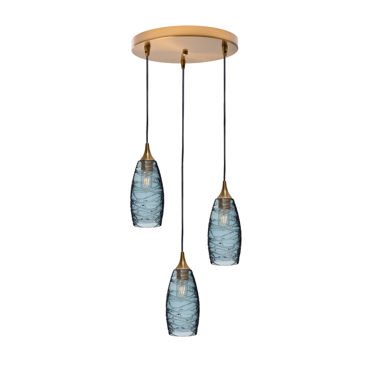 147 3 Pendant Cascade Chandelier-Glass-Bicycle Glass Co-Spun-Slate Gray-Polished Brass - 4ft Cord-Bicycle Glass Co