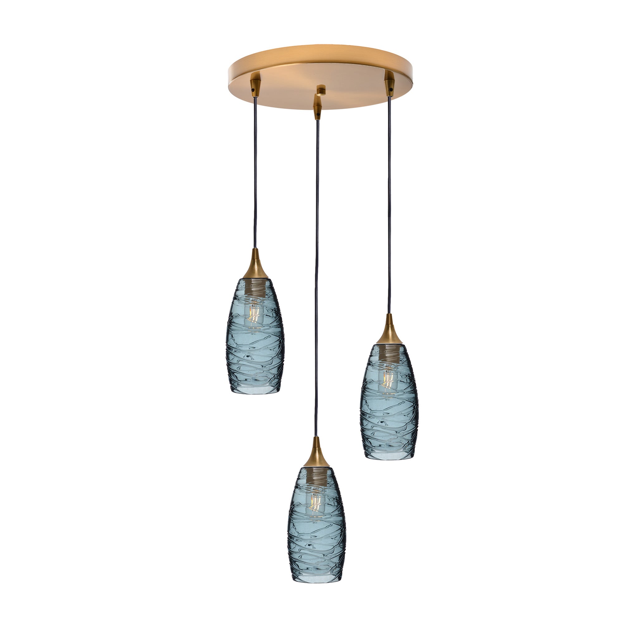 147 3 Pendant Cascade Chandelier-Glass-Bicycle Glass Co-Spun-Slate Gray-Polished Brass - 4ft Cord-Bicycle Glass Co
