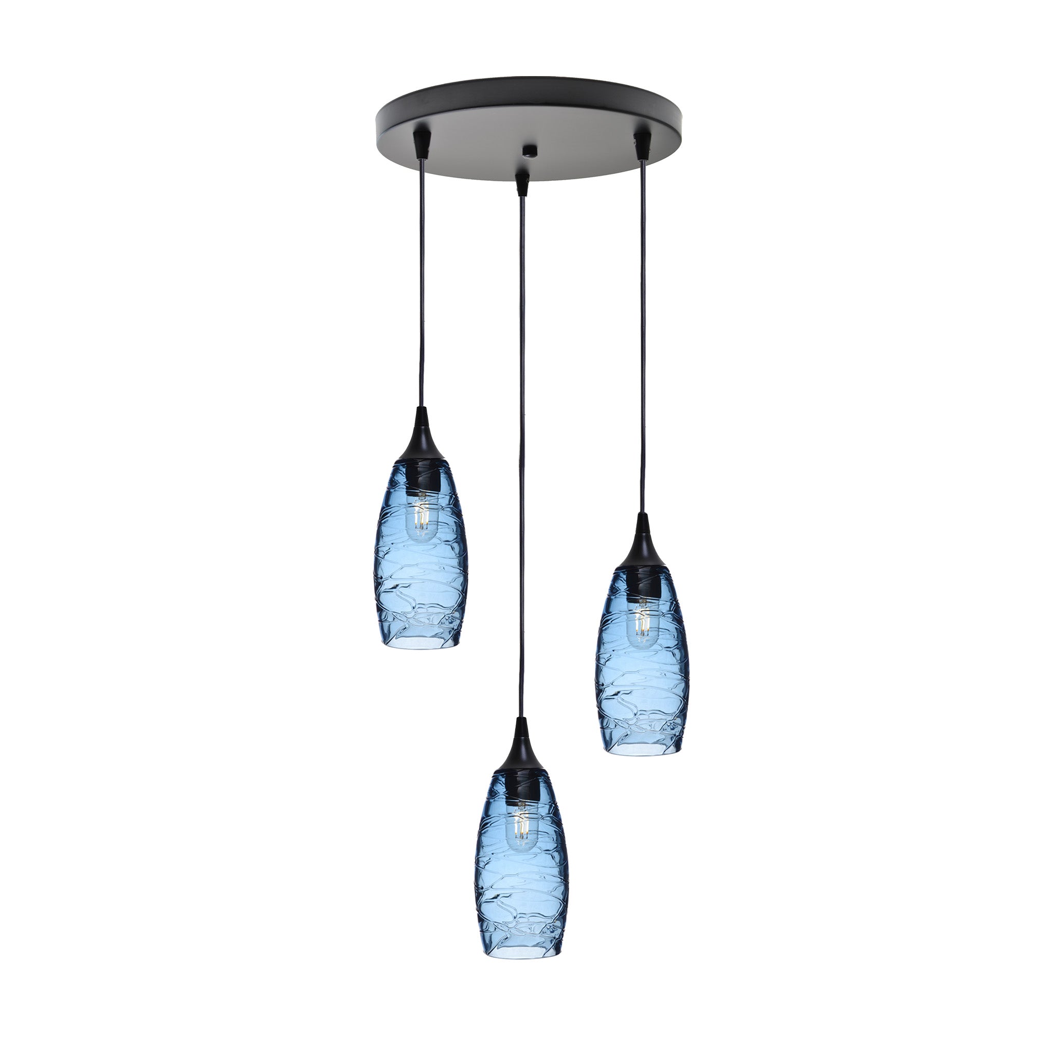 147 3 Pendant Cascade Chandelier-Glass-Bicycle Glass Co-Spun-Steel Blue-Matte Black - 4ft Cord-Bicycle Glass Co