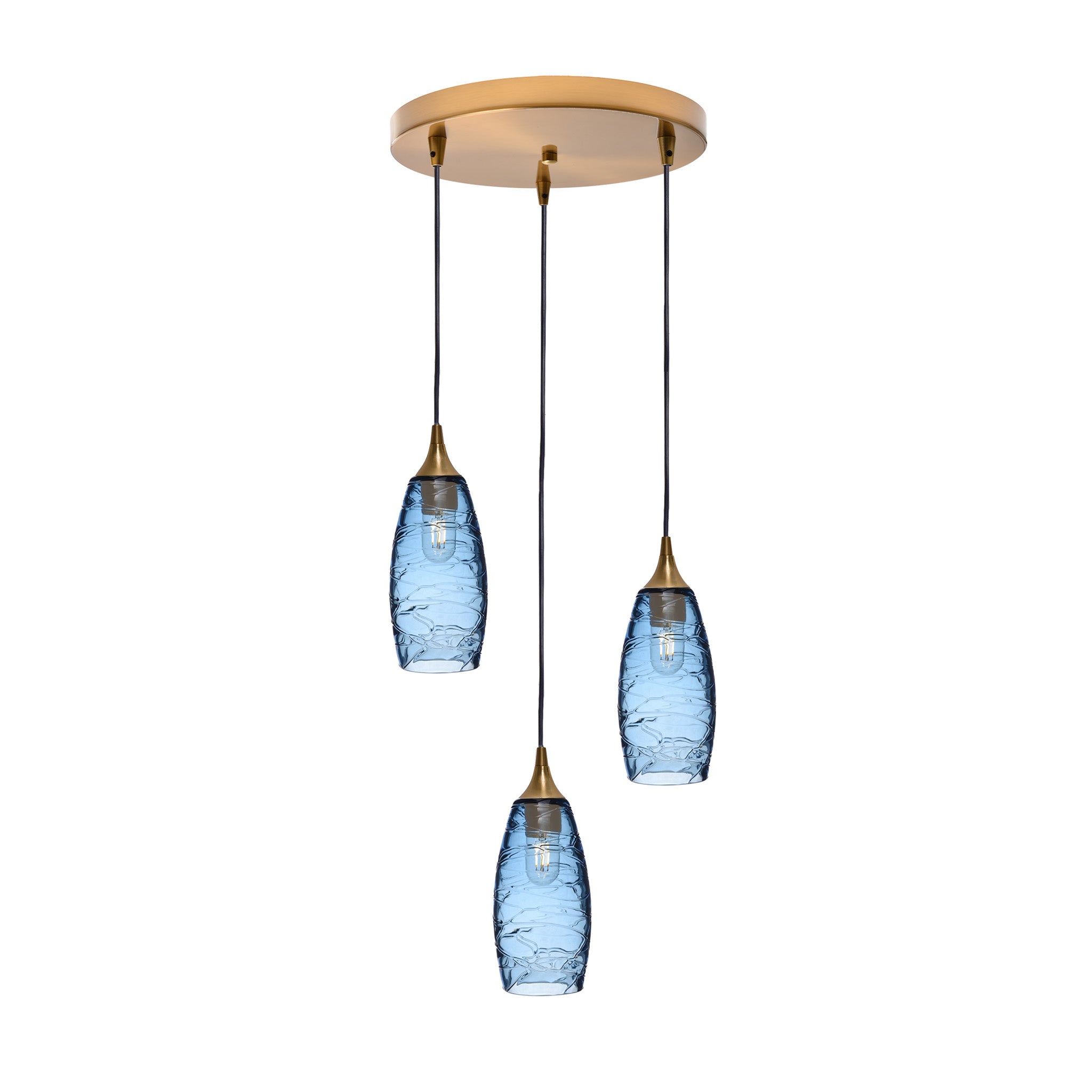 147 3 Pendant Cascade Chandelier-Glass-Bicycle Glass Co-Spun-Steel Blue-Polished Brass - 4ft Cord-Bicycle Glass Co