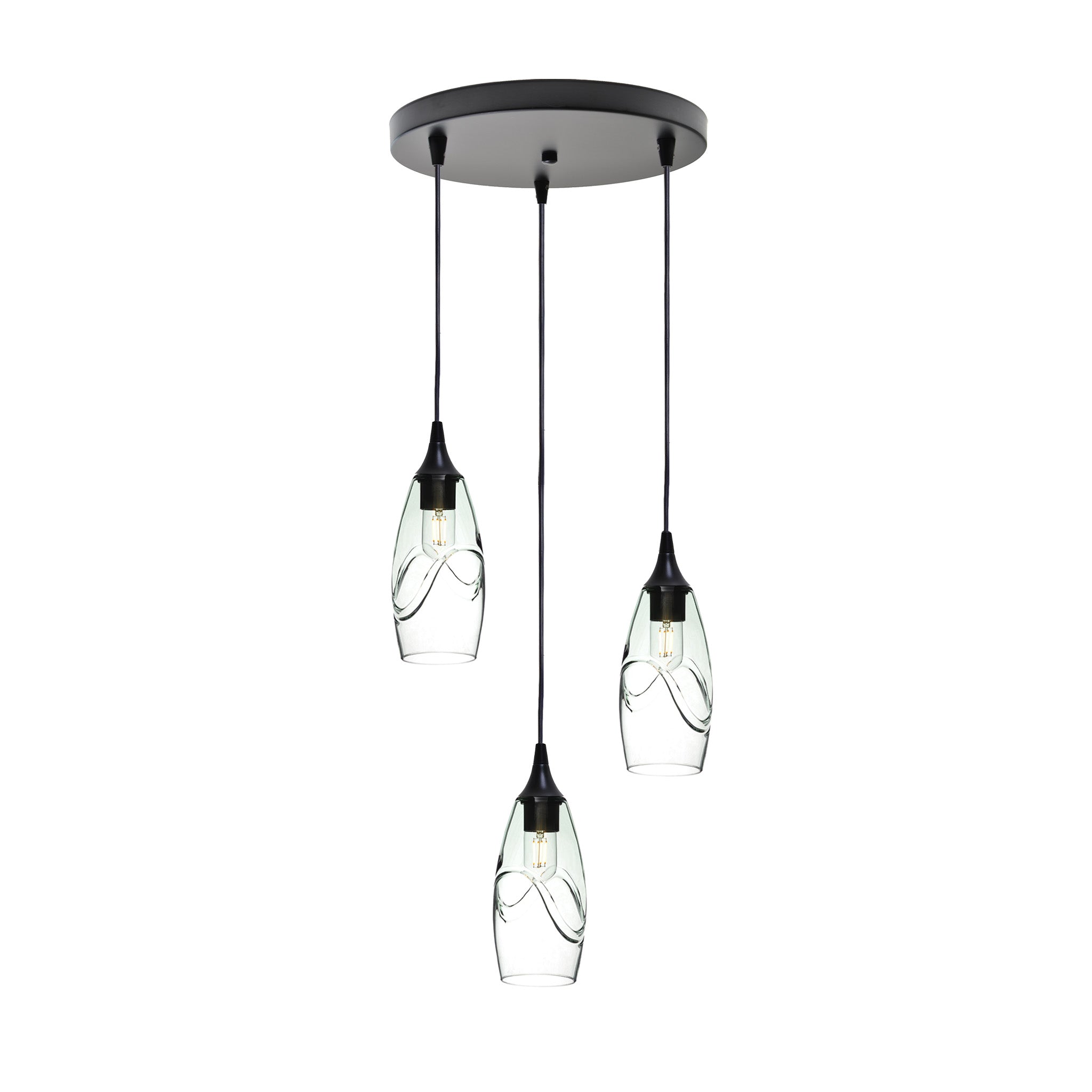 147 3 Pendant Cascade Chandelier-Glass-Bicycle Glass Co-Swell-Eco Clear-Matte Black - 4ft Cord-Bicycle Glass Co