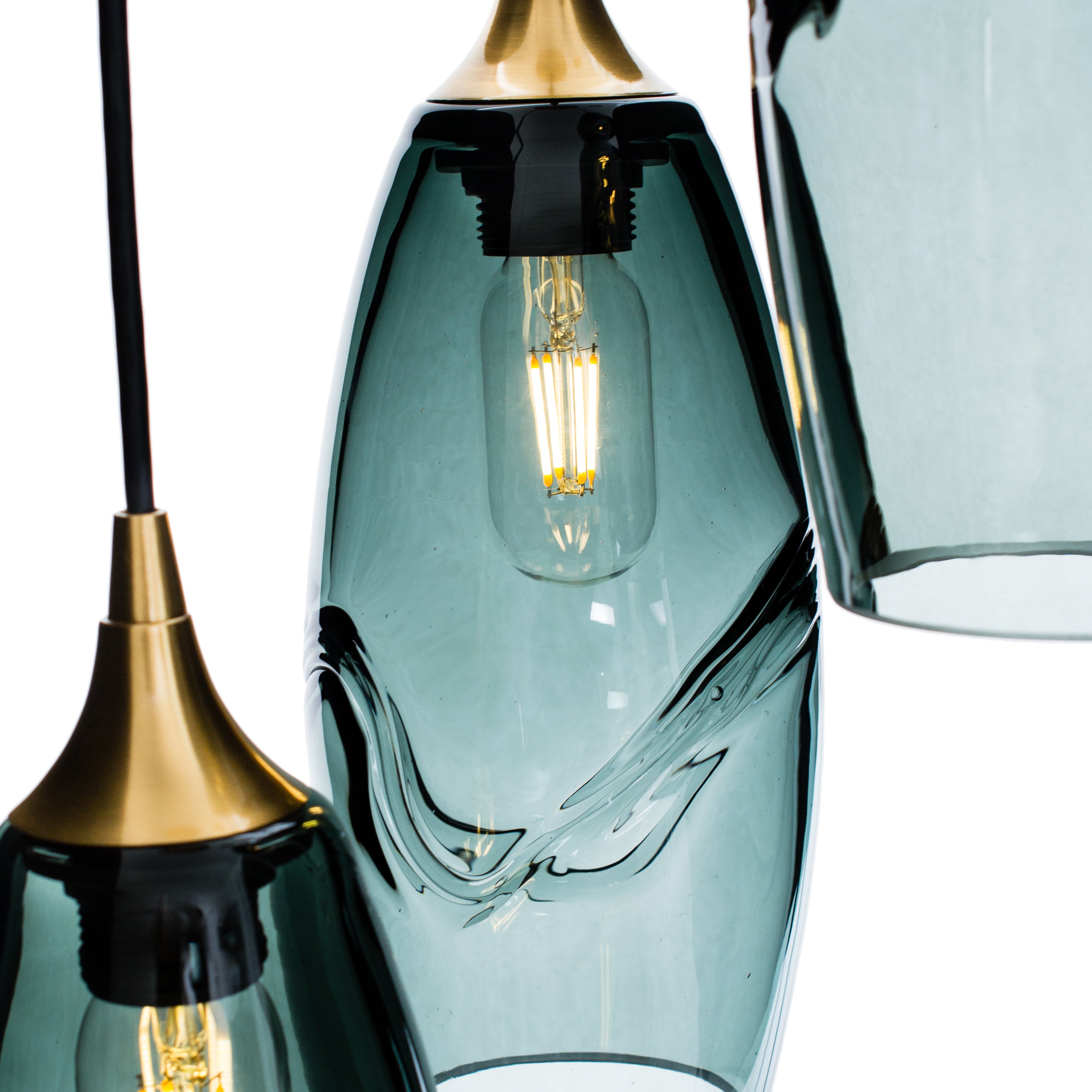 147 3 Pendant Cascade Chandelier-Glass-Bicycle Glass Co-Swell-Slate Gray-Polished Brass - 4ft Cord-Bicycle Glass Co
