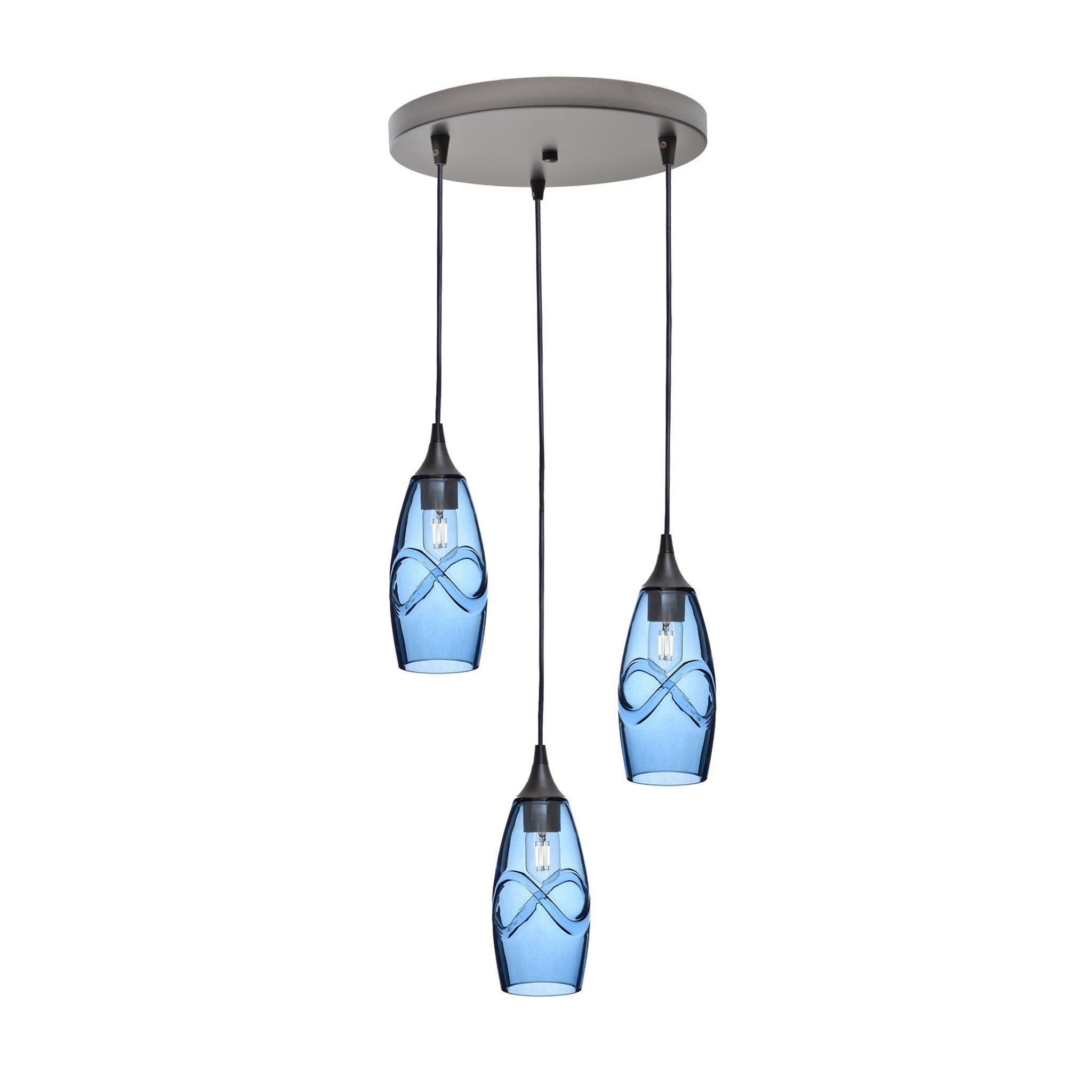147 3 Pendant Cascade Chandelier-Glass-Bicycle Glass Co-Swell-Steel Blue-Antique Bronze - 4ft Cord-Bicycle Glass Co