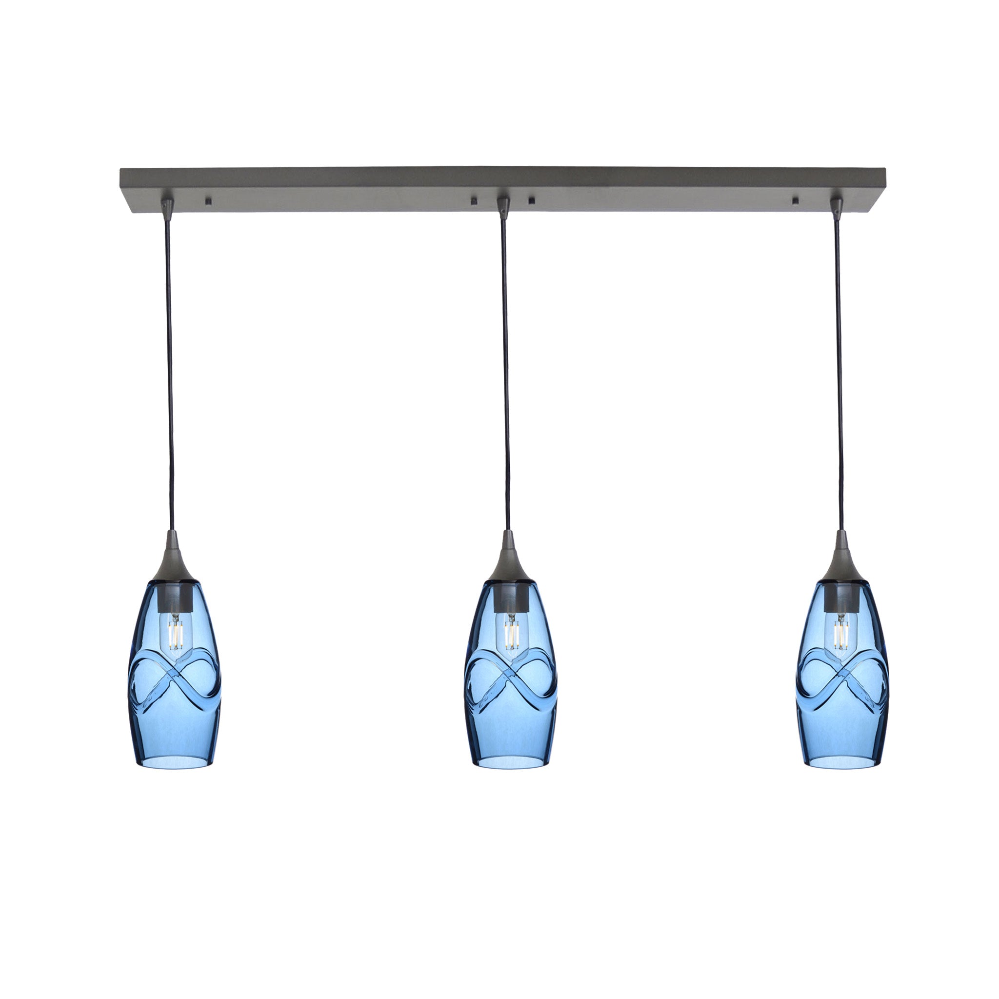 147 3 Pendant Linear Chandelier-Glass-Bicycle Glass Co - Hotshop-Antique Bronze - 4ft Cord-Swell-Steel Blue-Bicycle Glass Co