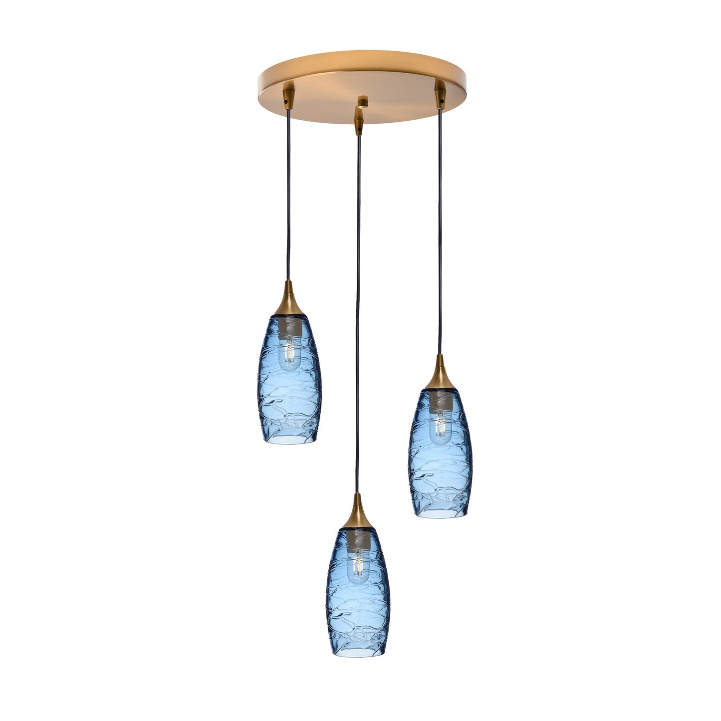 147 Spun: 3 Pendant Cascade Chandelier-Glass-Bicycle Glass Co - Hotshop-Steel Blue-Polished Brass-Bicycle Glass Co