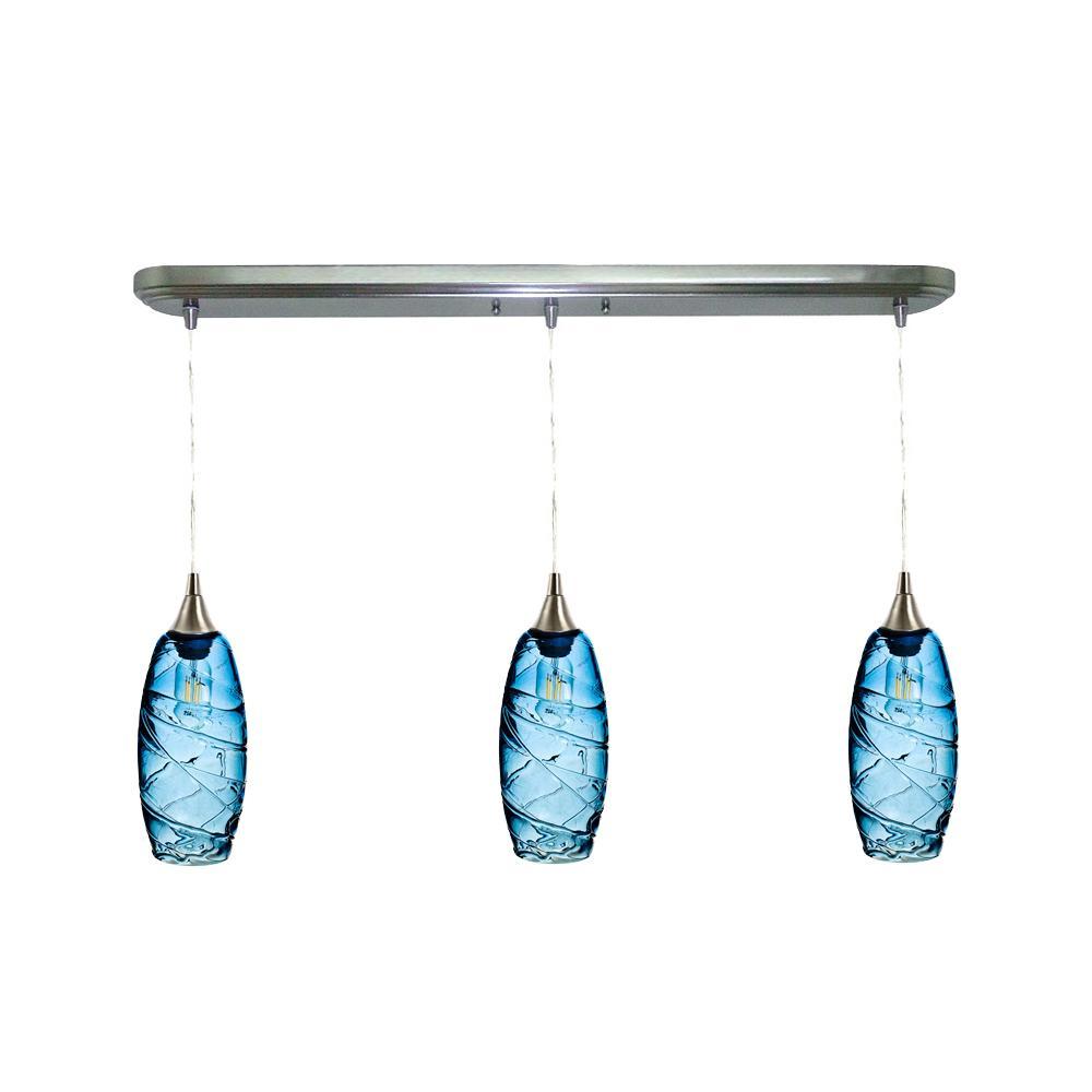 Bicycle Glass Co 147 Spun: 3 Pendant Linear Chandelier, Steel Blue Glass, Brushed Nickel Hardware 