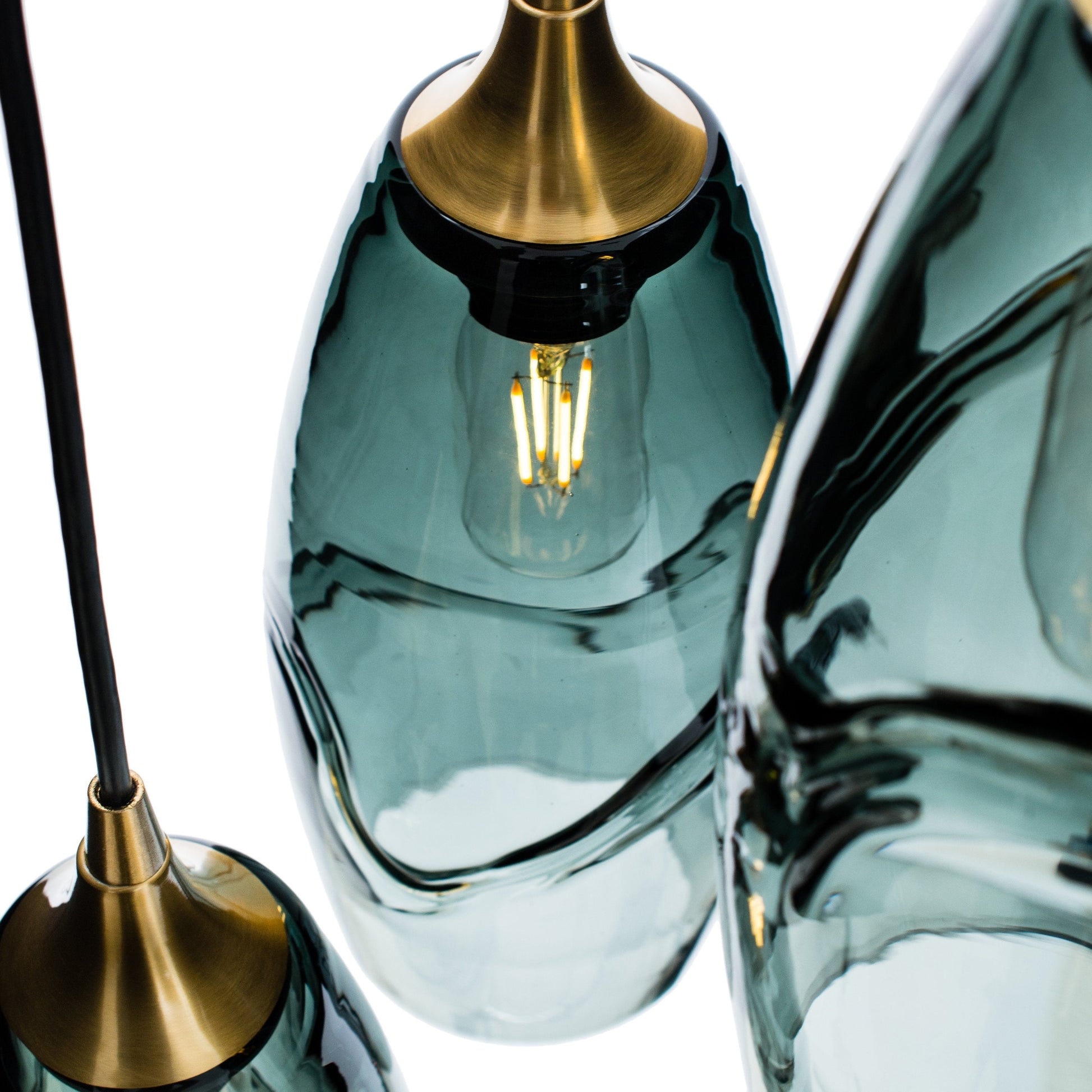 Bicycle Glass Co 147 Swell: 3 Pendant Cascade Chandelier, Slate Gray Glass, Polished Brass Hardware, Close Up Detail 