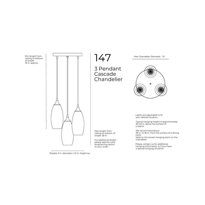 Maximum Hanging Height with standard 4 feet cords, 58 inches from ceiling to bottom of shade. 48 inches of cord per port. Minimum Hanging Height with standard 4ft cords, 3 inches minimum height for cord. 12 inch diameter canopy plate. Shade is 5 inches in diameter by 10.25 inches tall. Cord length comes standard at 4 feet of cord per port and can be cut to length during installation. 