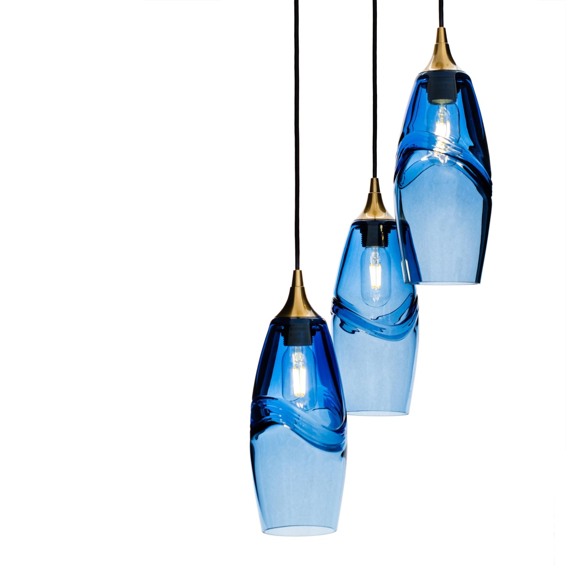 Bicycle Glass Co 147 Swell: 3 Pendant Cascade Chandelier, Steel Blue Glass, Polished Brass Hardware, Close Up Detail 