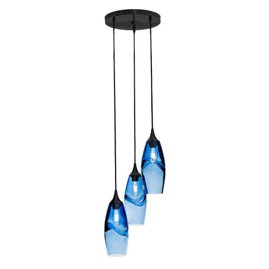 Bicycle Glass Co 147 Swell: 3 Pendant Cascade Chandelier, Steel Blue Glass, Black Hardware