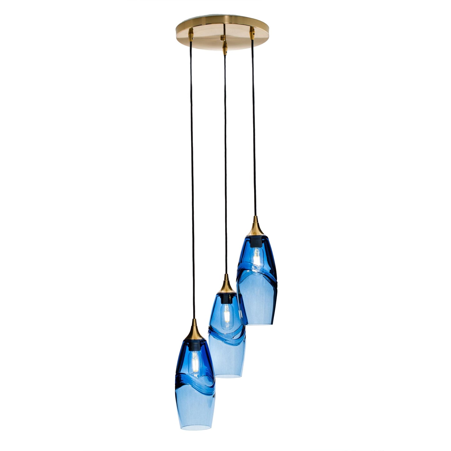 Bicycle Glass Co 147 Swell: 3 Pendant Cascade Chandelier, Steel Blue Glass, Polished Brass Hardware