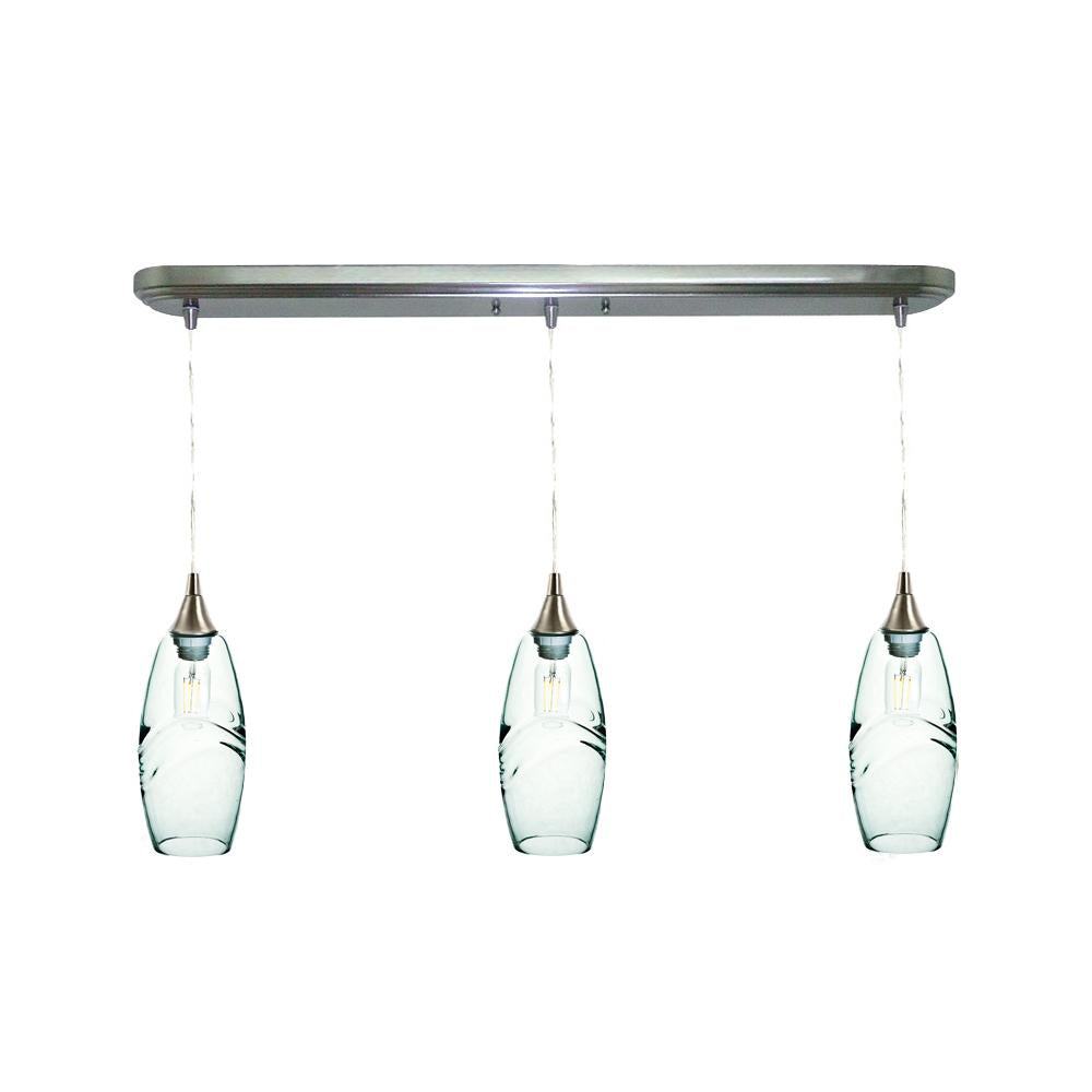 Bicycle Glass Co 147 Swell: 3 Pendant Linear Chandelier, Eco Clear Glass, Brushed Nickel Hardware