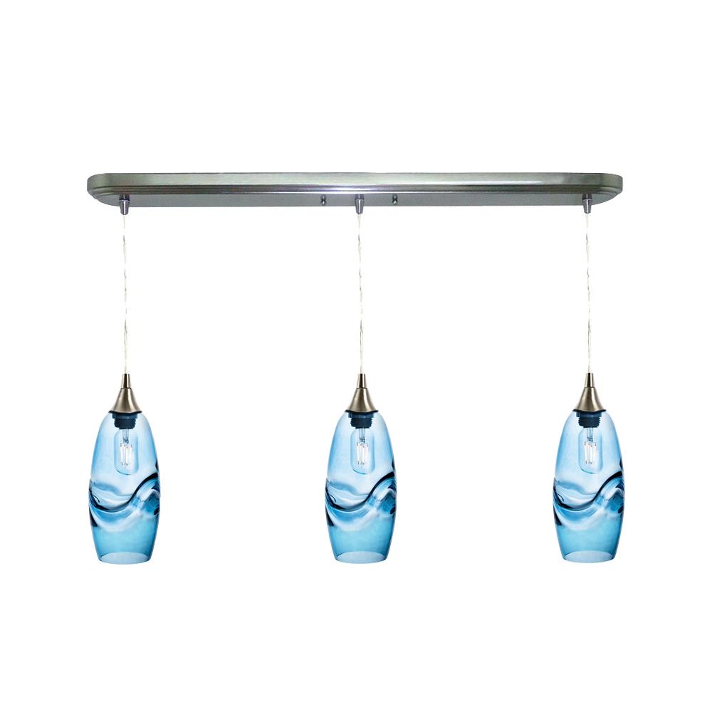 Bicycle Glass Co 147 Swell: 3 Pendant Linear Chandelier, Steel Blue Glass, Brushed Nickel Hardware